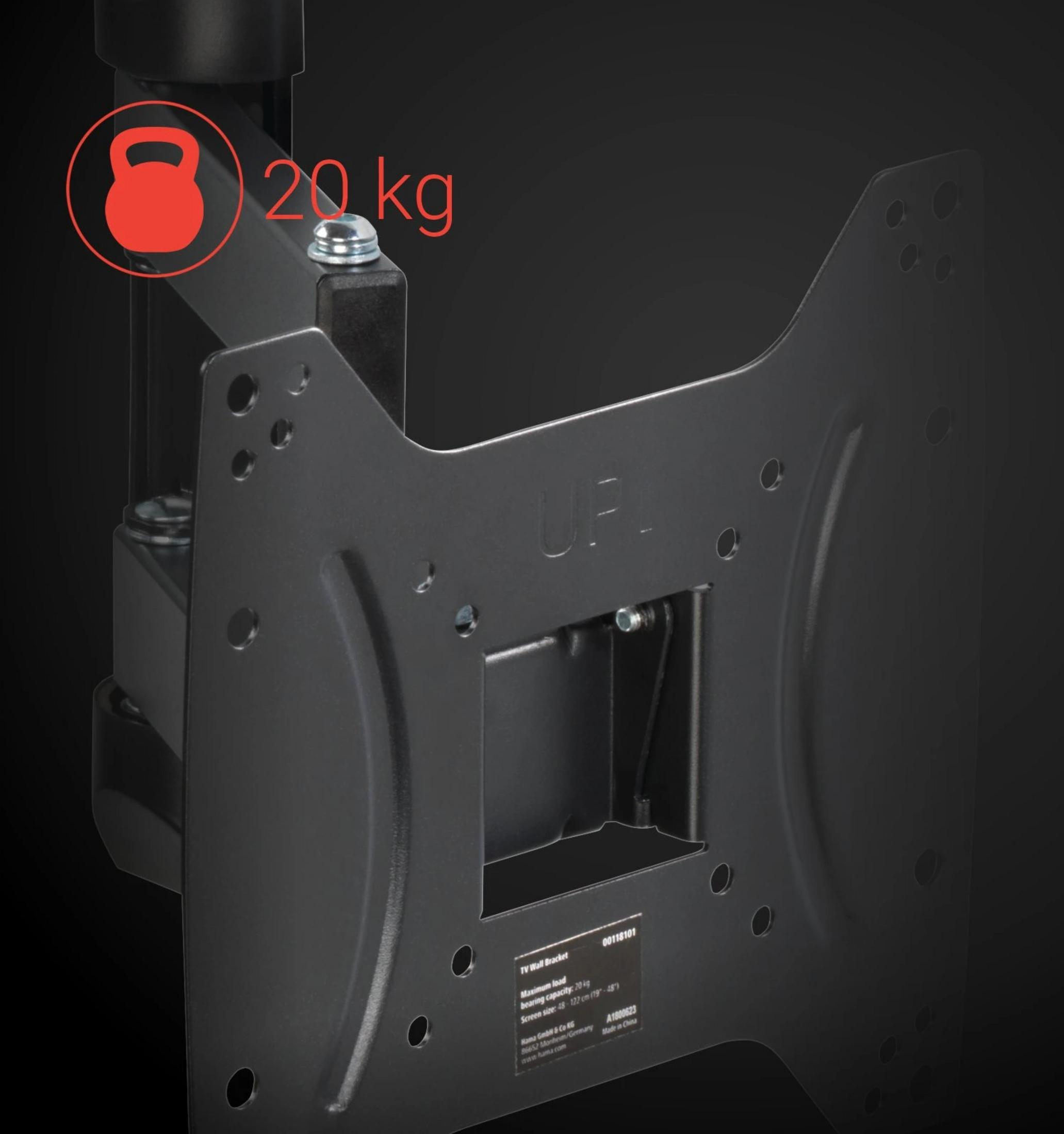 Supporto TV da parete nero, capacità max 20 kg. Testo: '20 kg'.