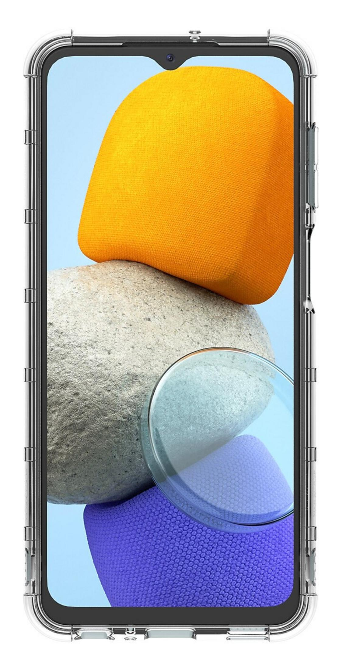 Una funda transparente para teléfono con formas texturizadas naranjas, grises y moradas sobre fondo azul.