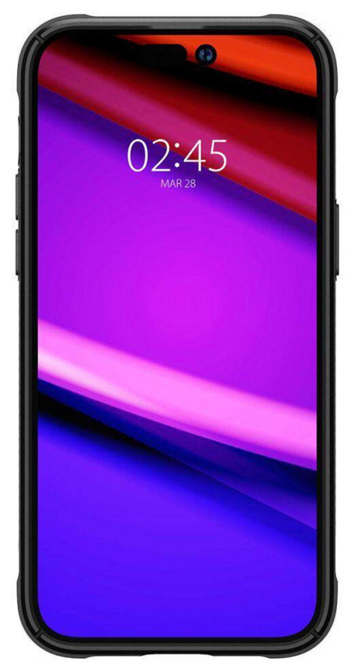 Czarny smartfon wyświetla 02:45 i MAR 28 na fioletowej i czerwonej abstrakcyjnej tapecie.