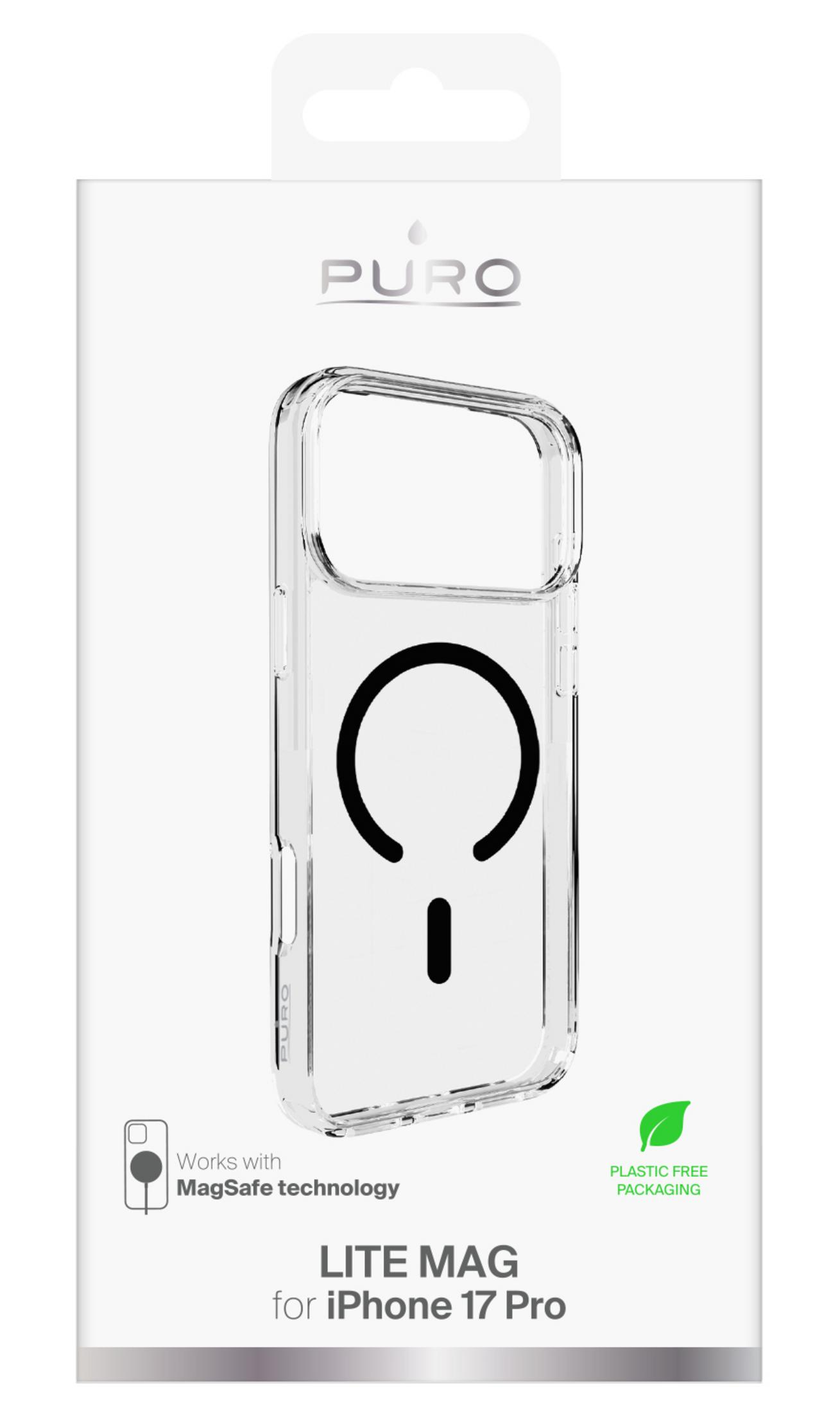 Custodia trasparente Puro per iPhone 17 Pro con tecnologia MagSafe e confezione senza plastica.