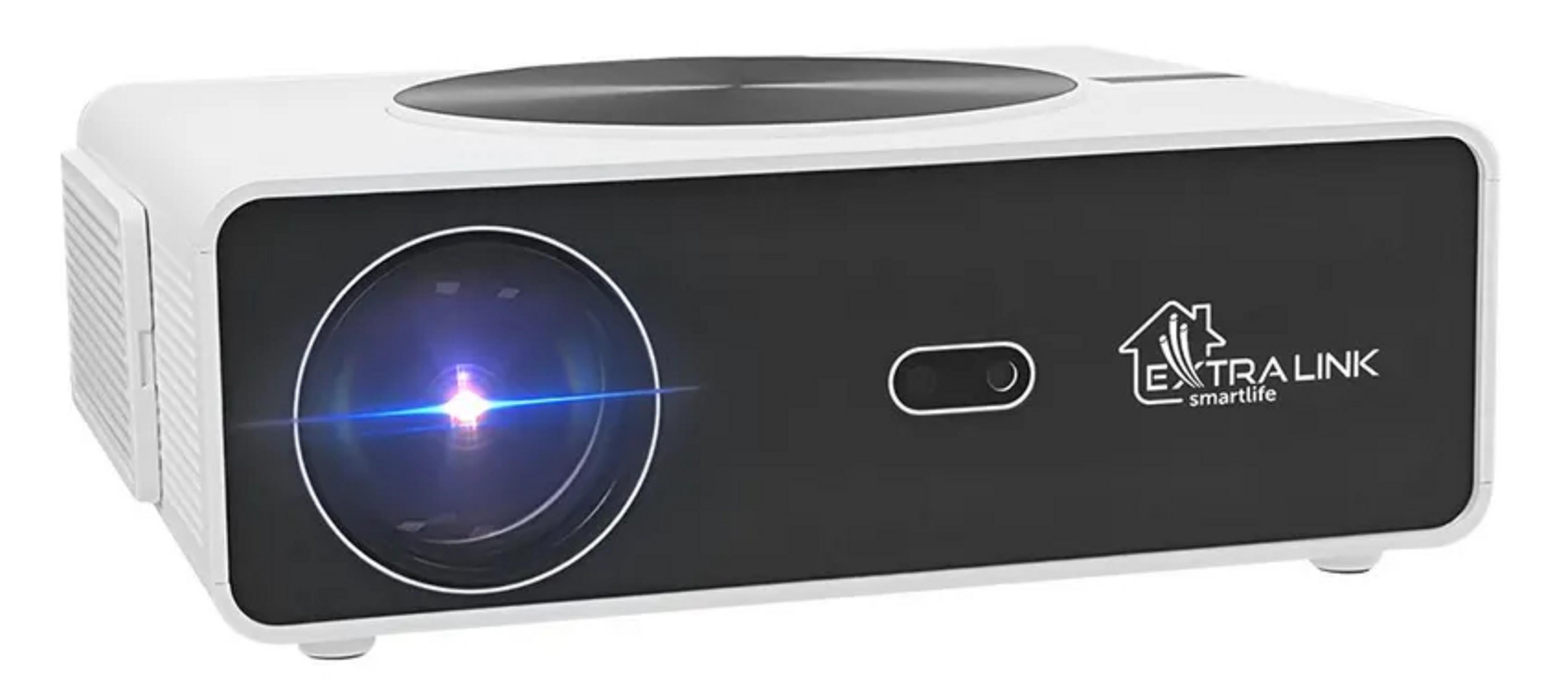 Biały i czarny projektor z niebieskim światłem wydobywającym się z obiektywu. Logo Extra Link z boku.