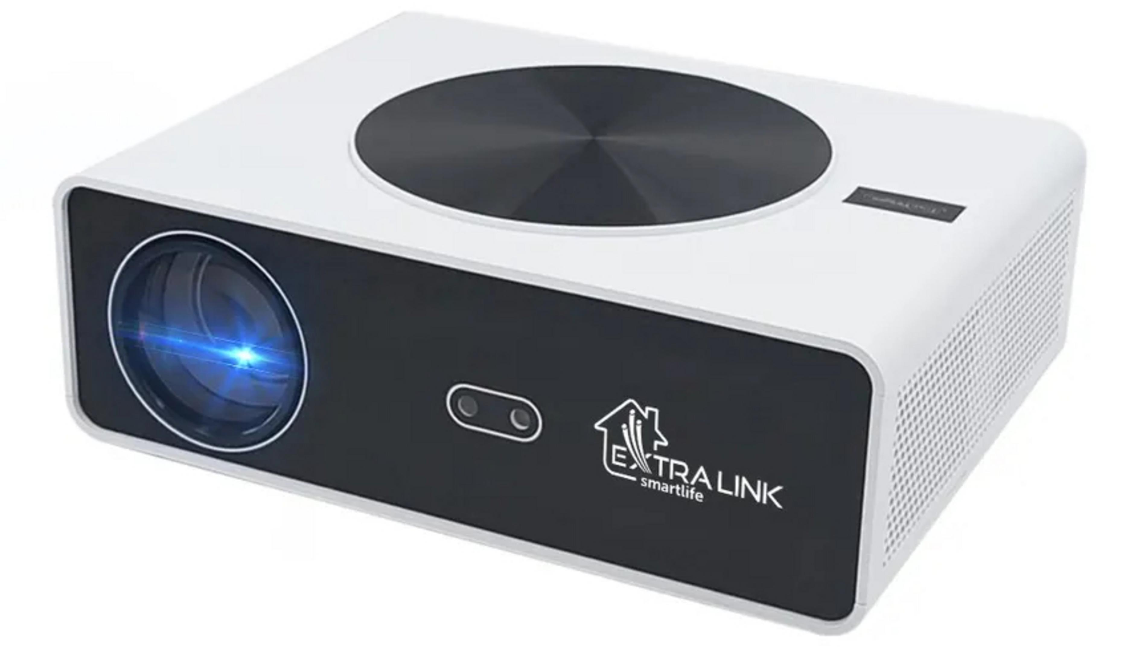 Biały projektor z czarnym panelem przednim i niebieską wiązką światła.