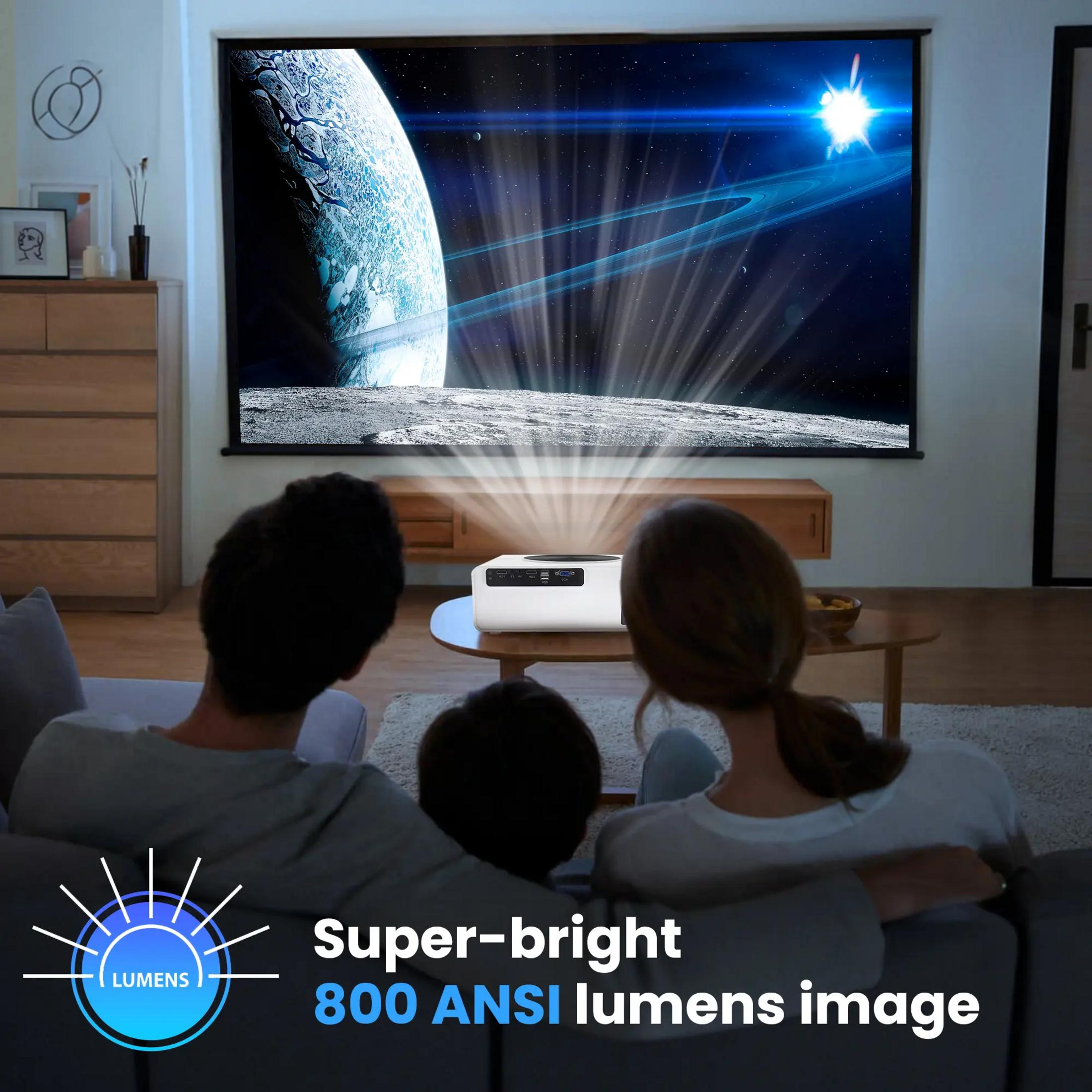 Rodzina ogląda scenę kosmiczną na projektorze 800 lumenów ANSI.