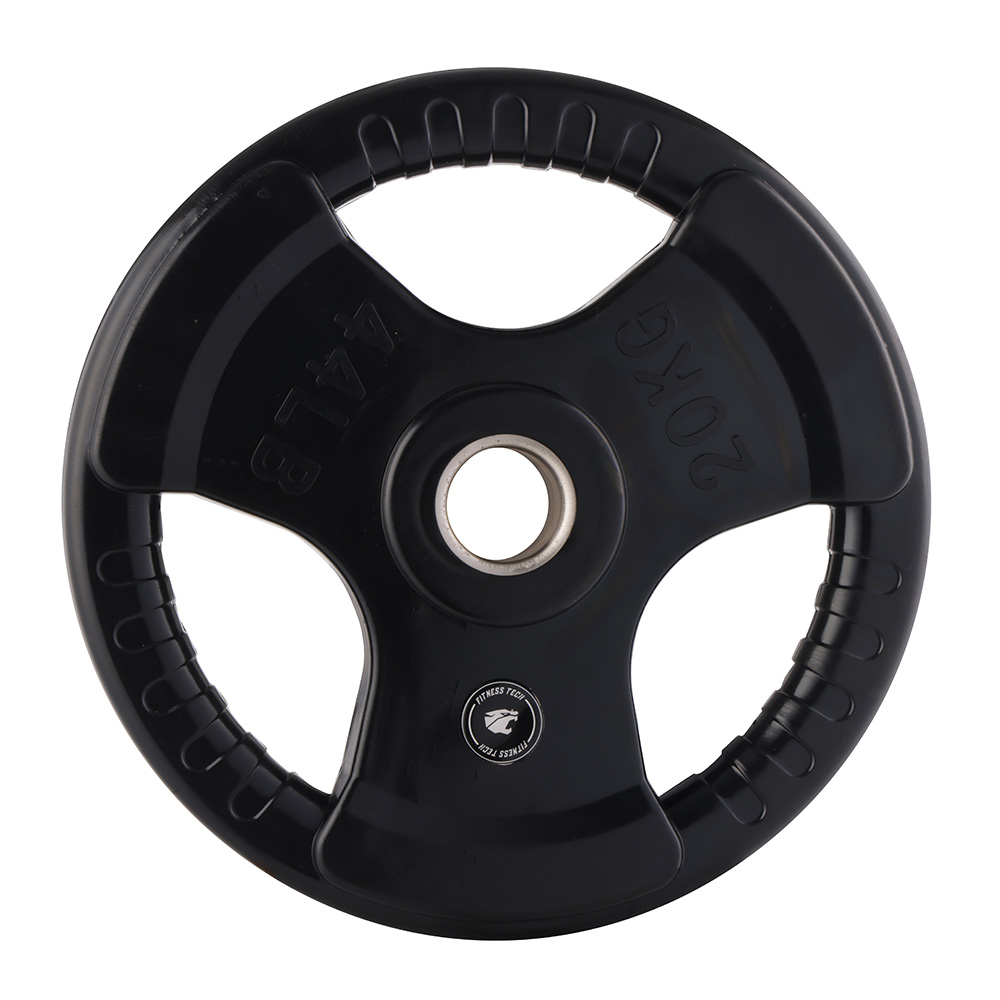 Disco de pesas negro con agarres, etiquetado 20kg y 44lb.