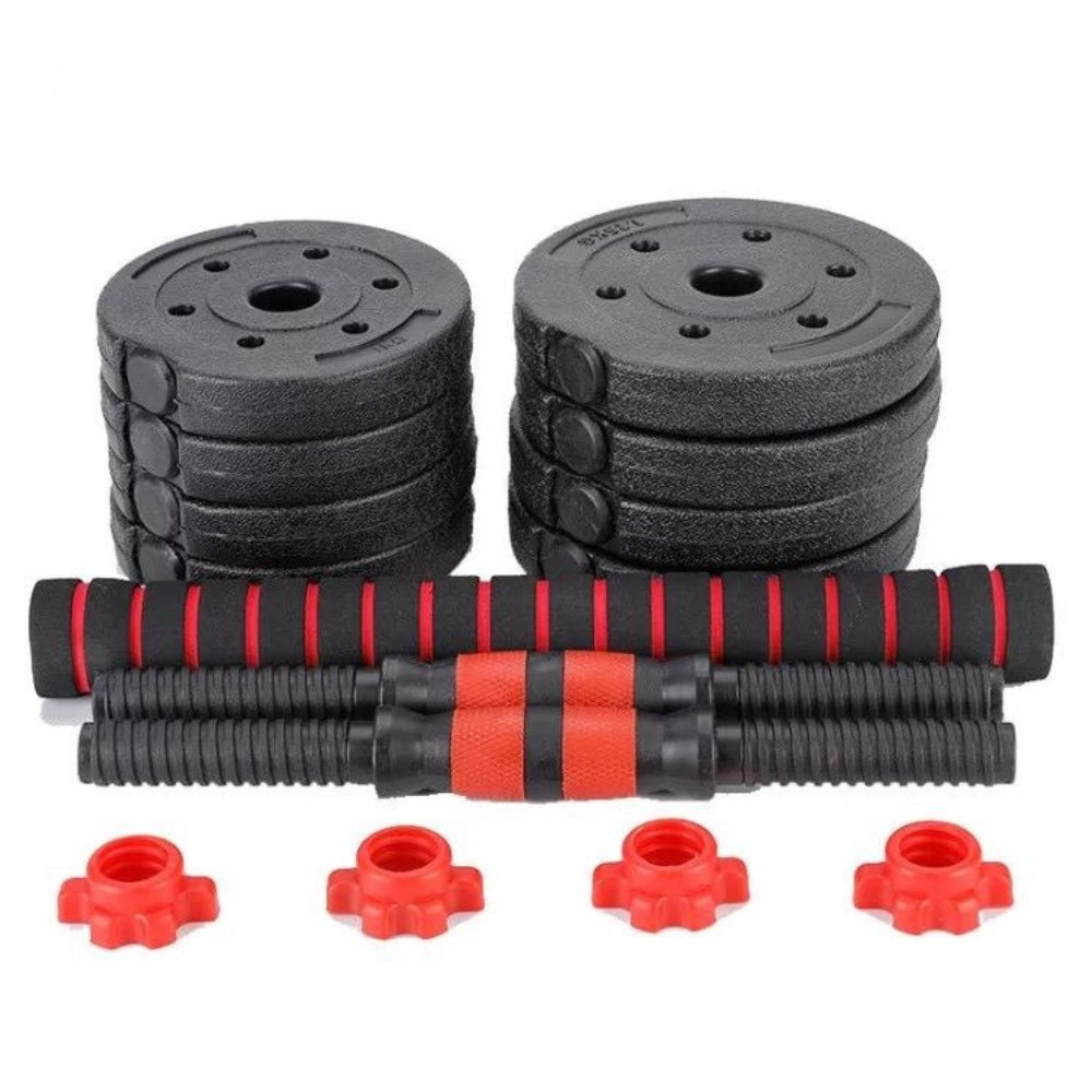 Dos pilas de pesas negras, dos barras de mancuernas con agarres rojos y cuatro collares de bloqueo rojos.