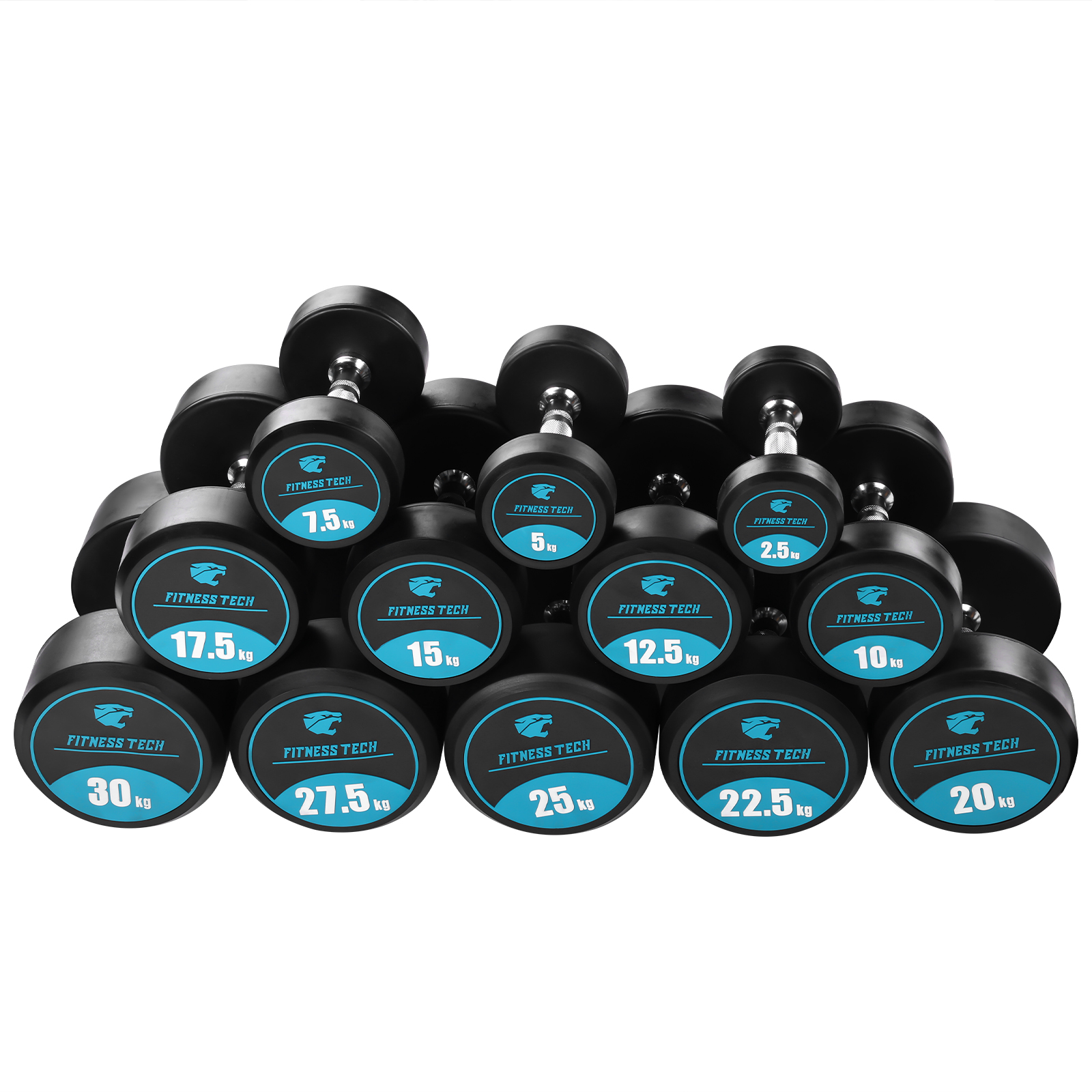 Una colección de mancuernas negras con etiquetas azules y blancas que muestran pesos de 2.5 kg a 30 kg.