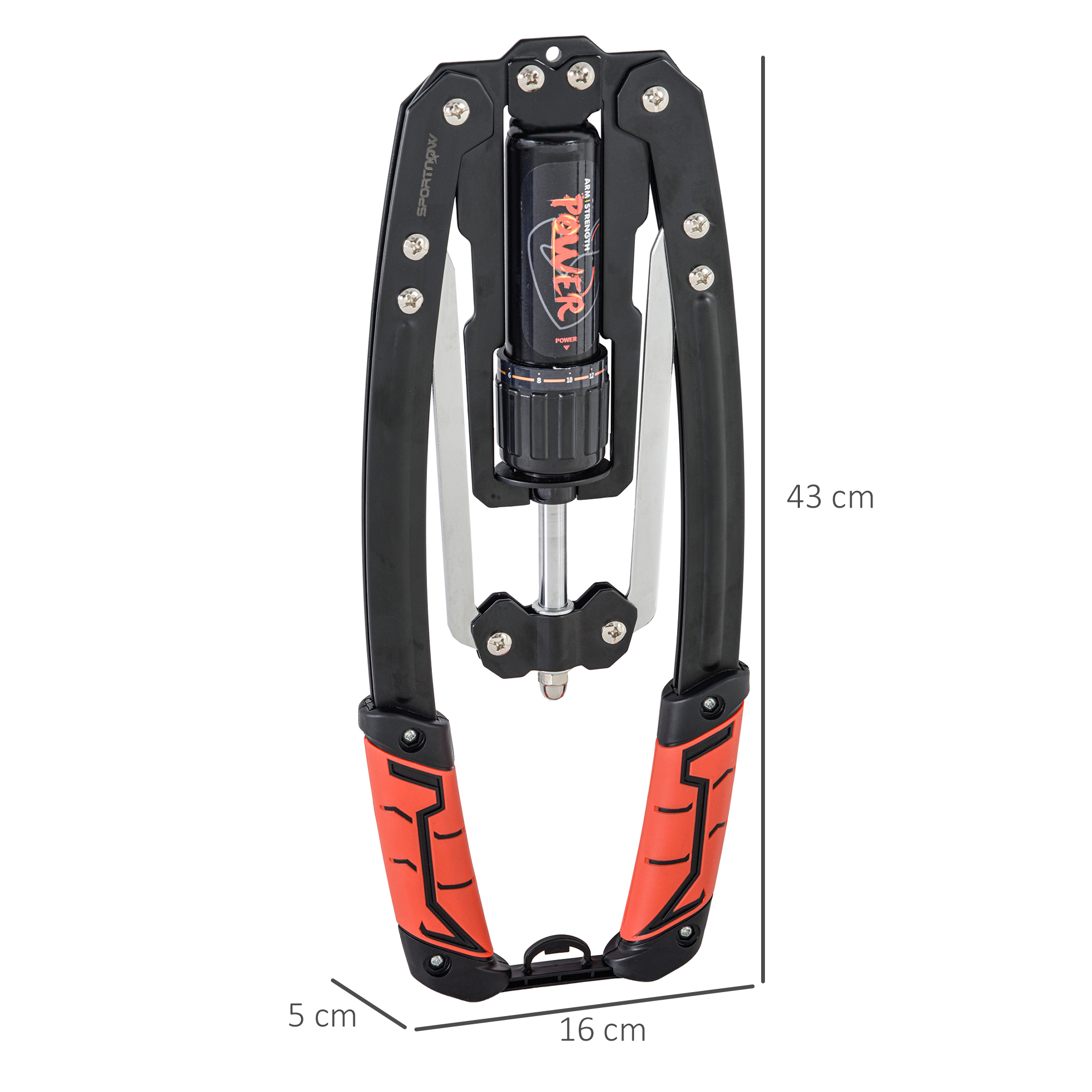 Ejercitador de agarre de mano rojo y negro con resistencia ajustable y dimensiones.