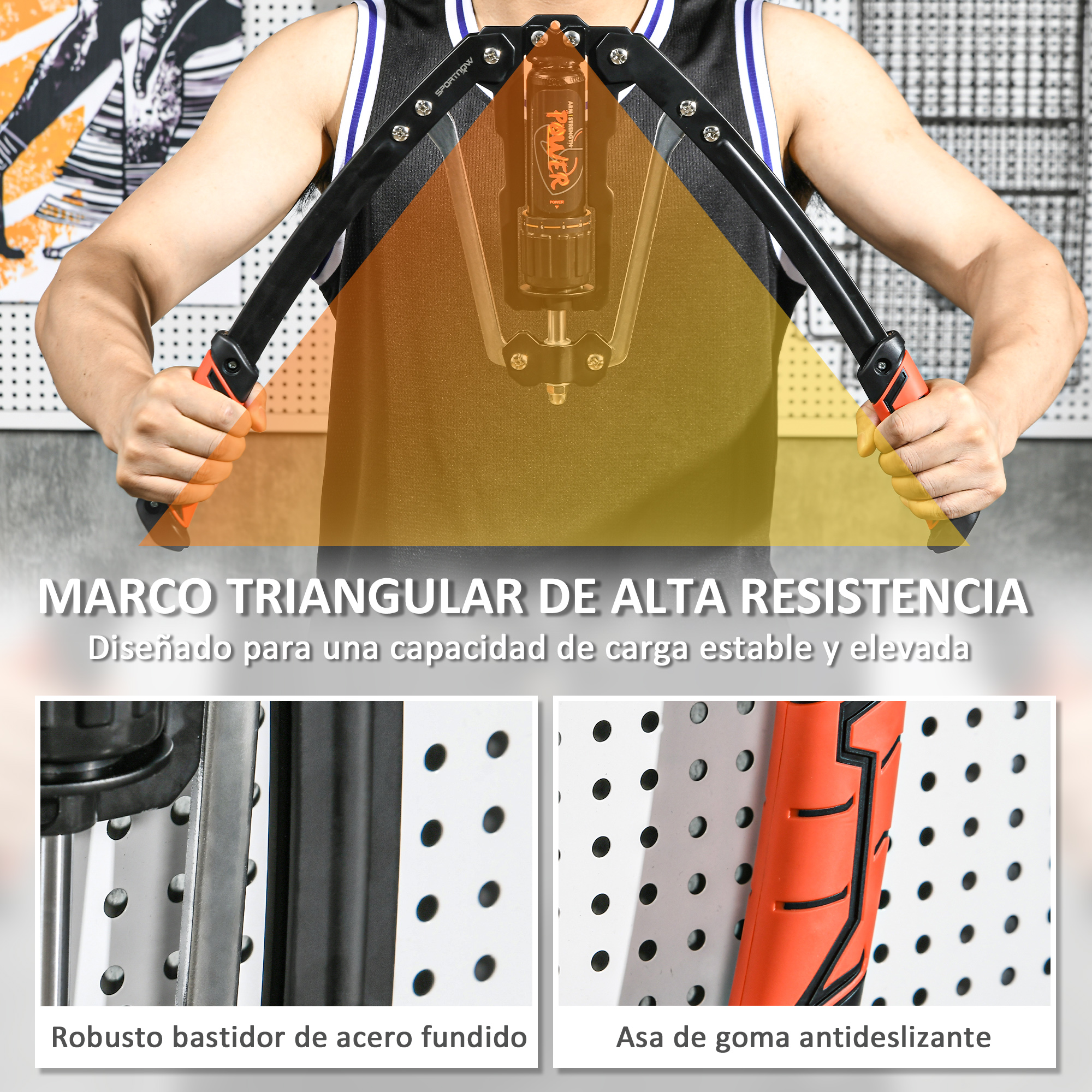 Hombre sostiene fortalecedor de agarre con mangos naranjas. Primeros planos muestran marco de acero y agarre.