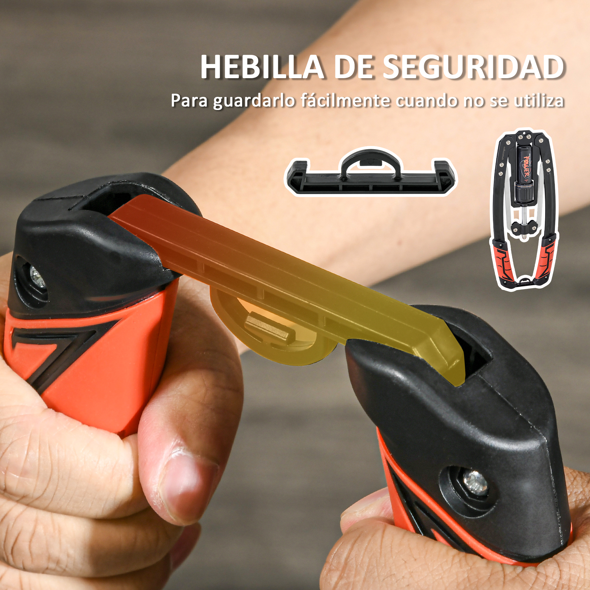 Persona sosteniendo un dispositivo de ejercicio de agarre naranja y negro con barra amarilla.