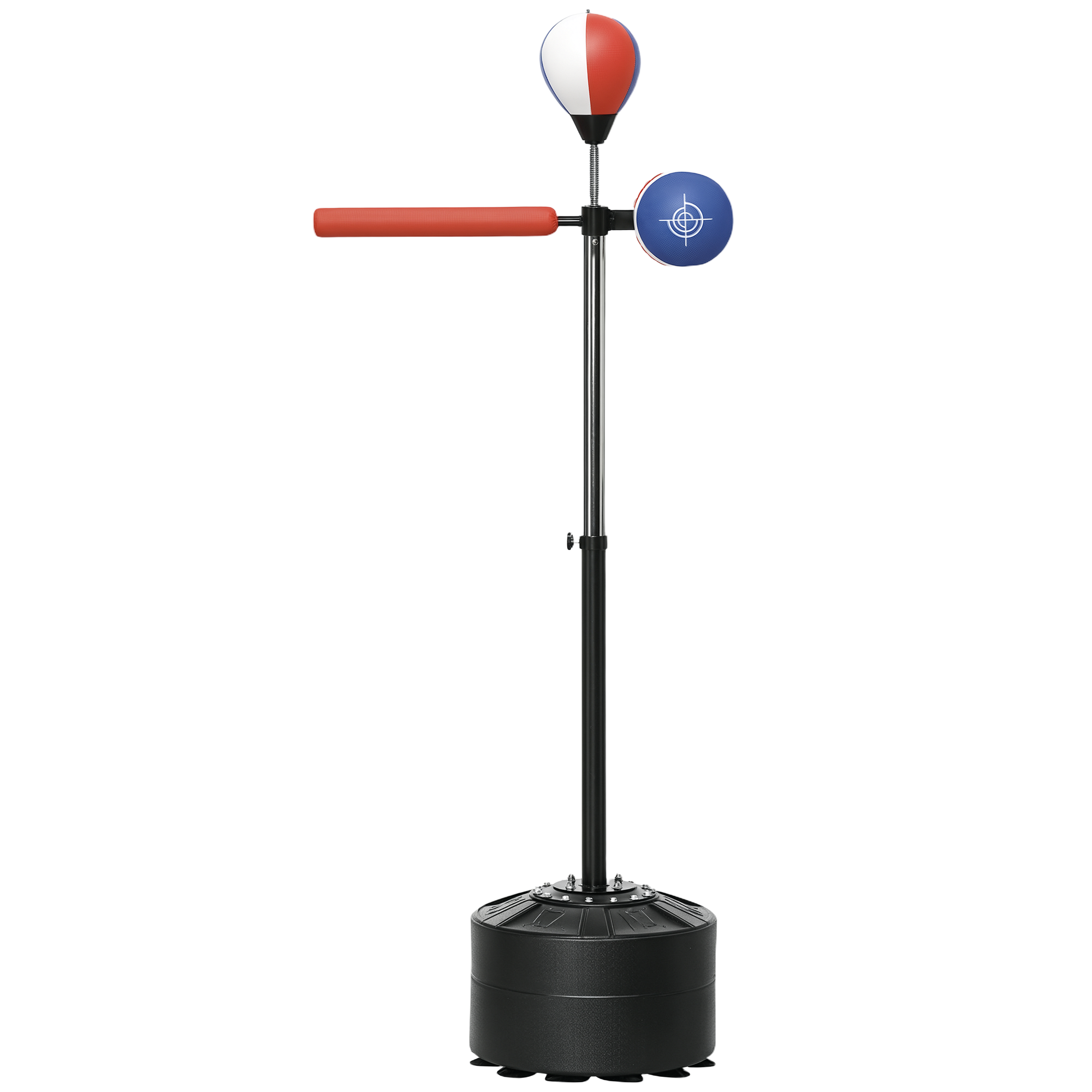 Un trainer da boxe e percussione con pad rosso, palline bersaglio rosse/bianche e blu.