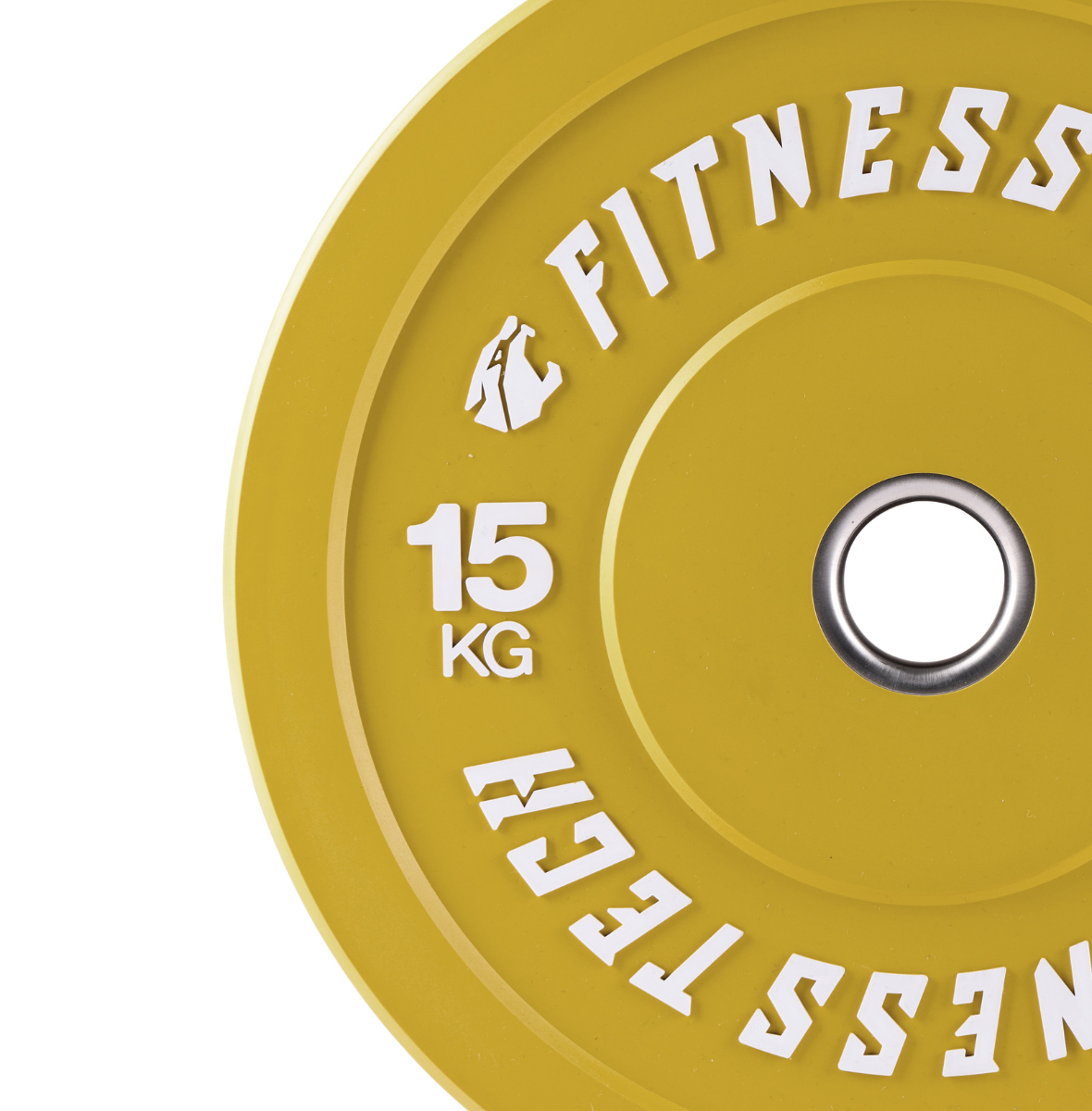 Placa de peso amarilla de 15 kg con texto blanco 'FITNESS TECH' y logo.