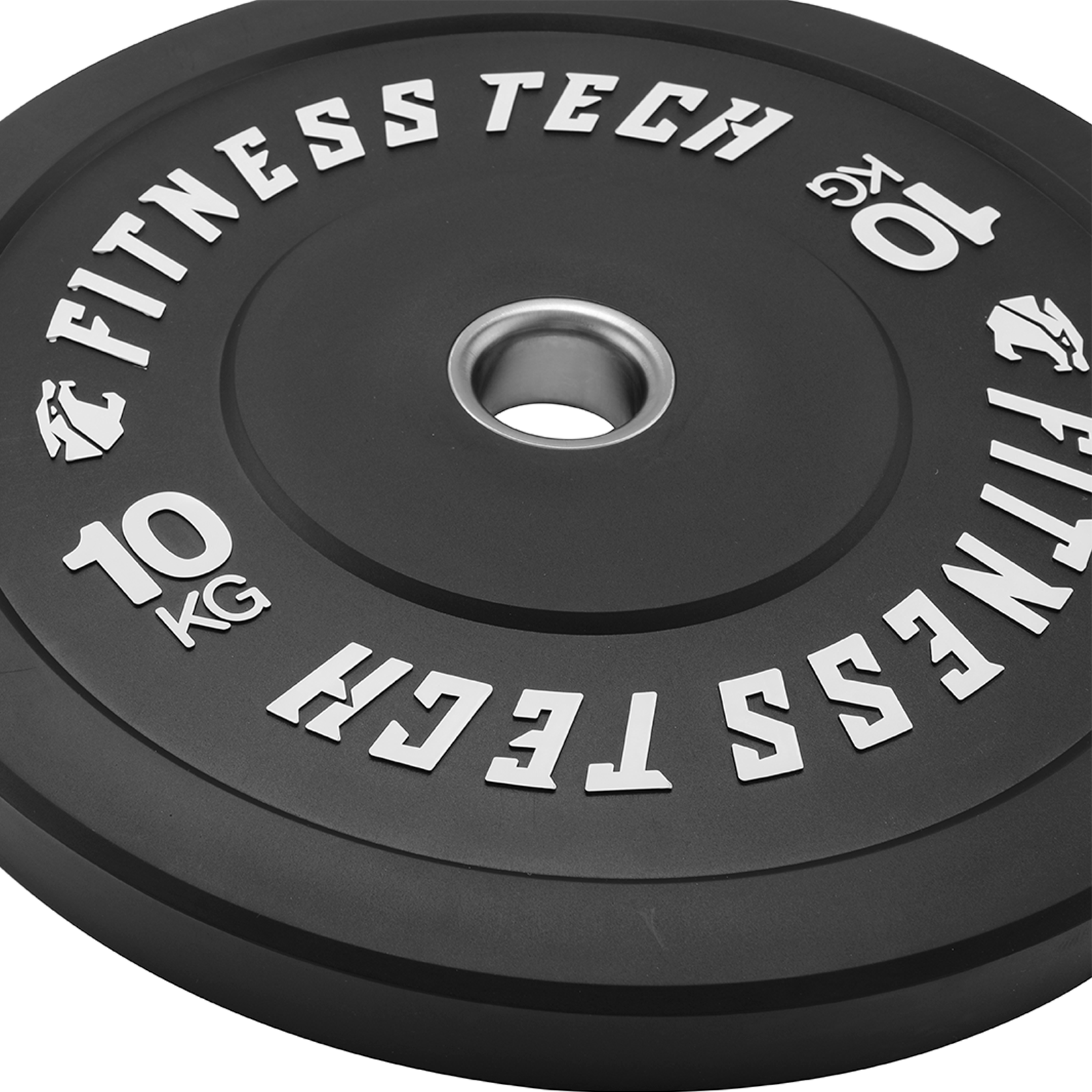 Disco de peso negro de 10 kg con centro plateado y letras blancas.