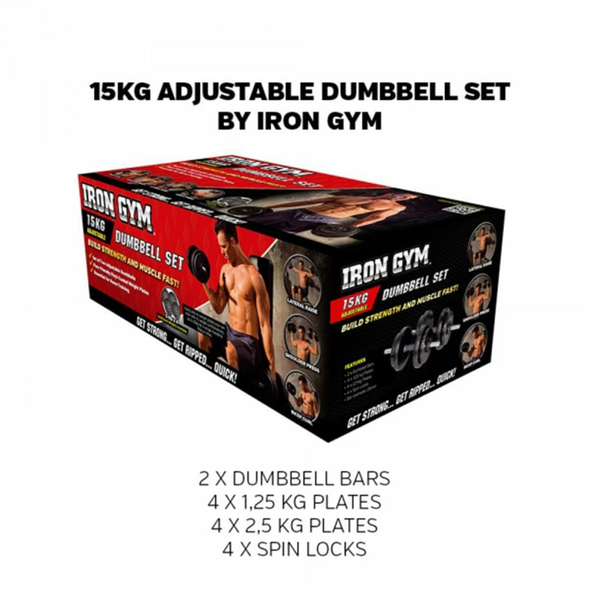 Set de mancuernas ajustables Iron Gym de 15 kg con discos y barras.