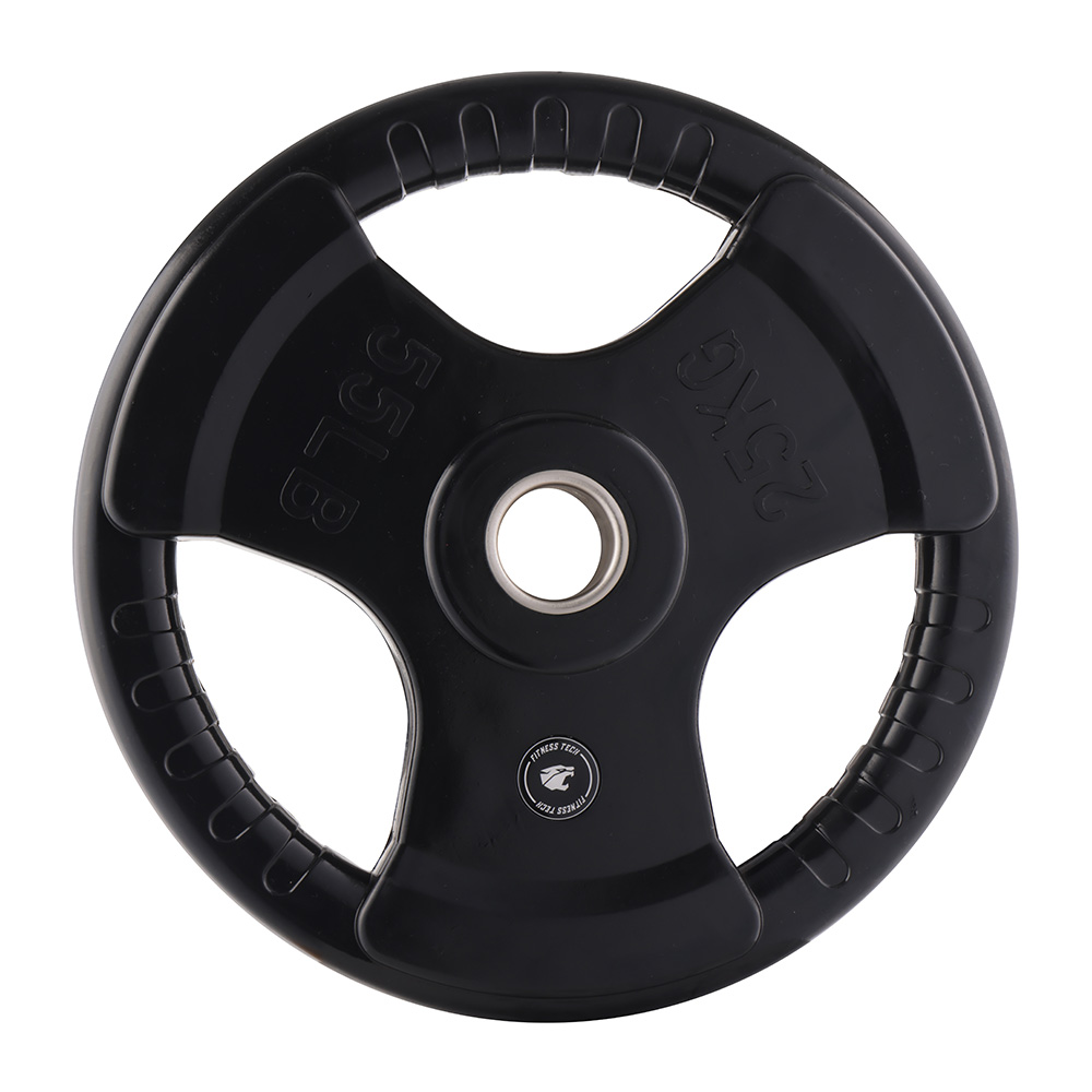 Un disco de peso negro de 25 kg con tres agarres y un anillo central plateado.