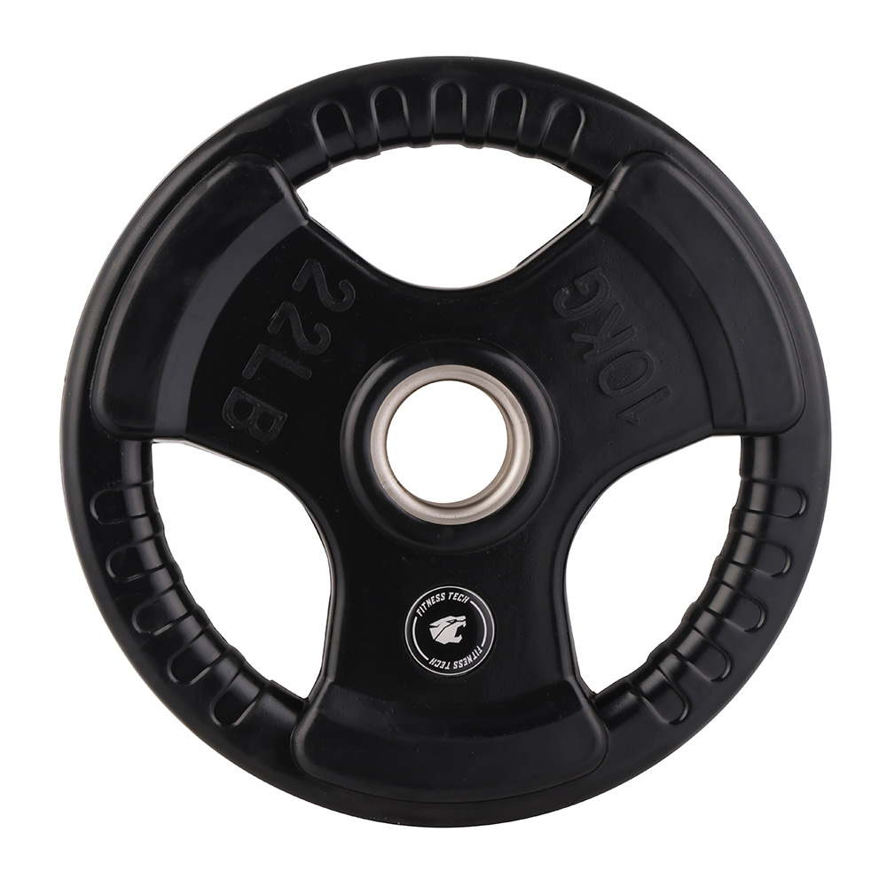 Disco de pesas negro con agarres, con etiquetas 10KG y 22LB.