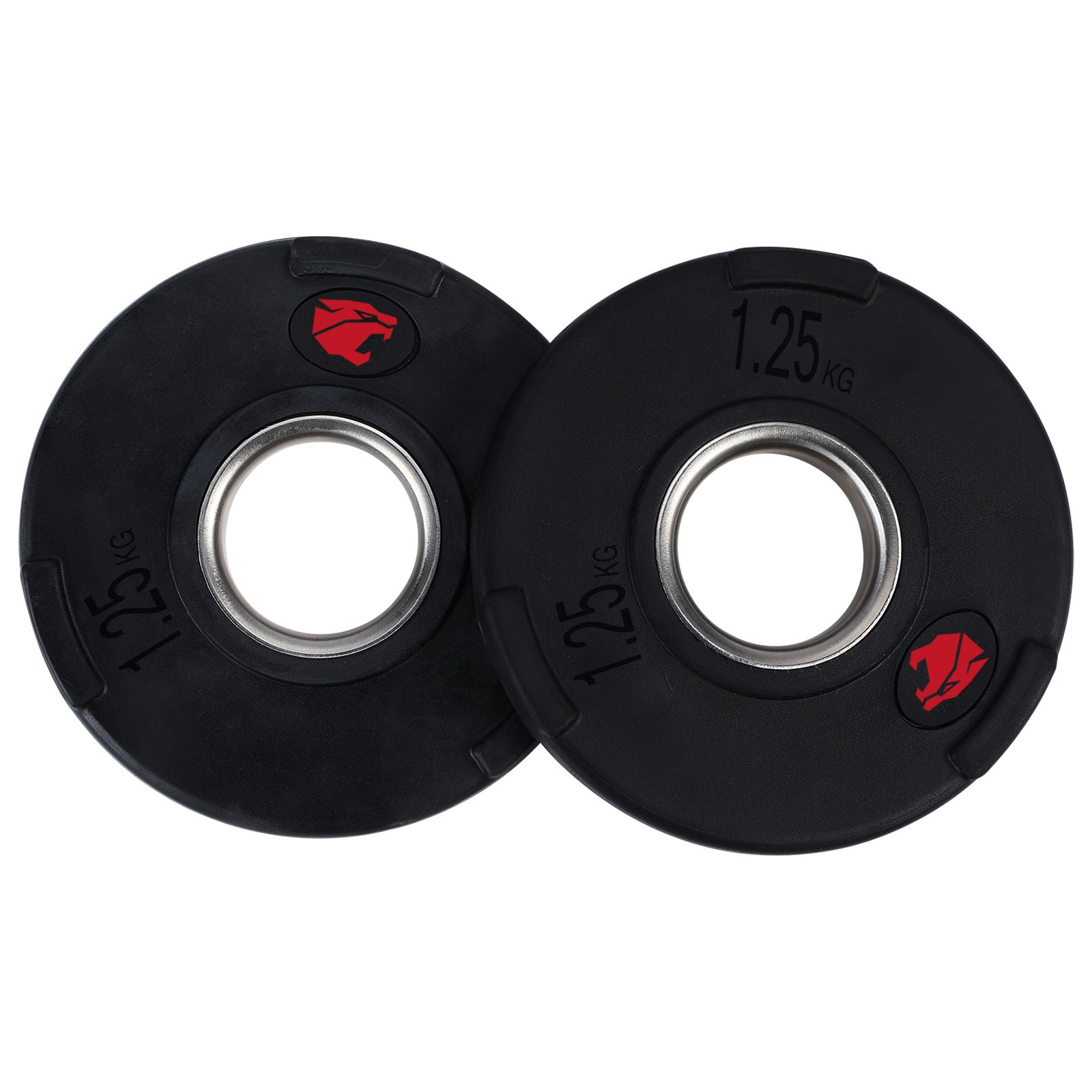 Dos discos de pesas negros de 1,25 kg con logotipos rojos y anillos interiores plateados.