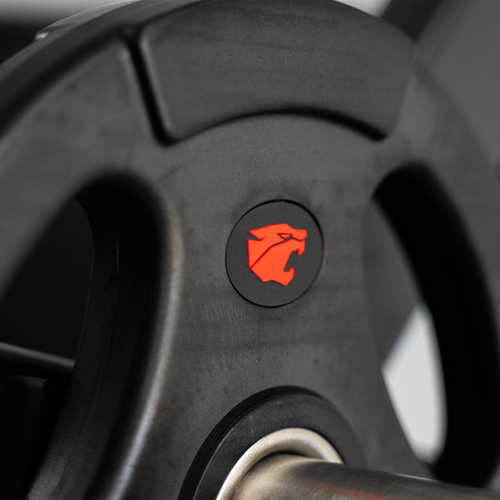 Un disco de pesas negro con logo rojo de puma sobre barra.