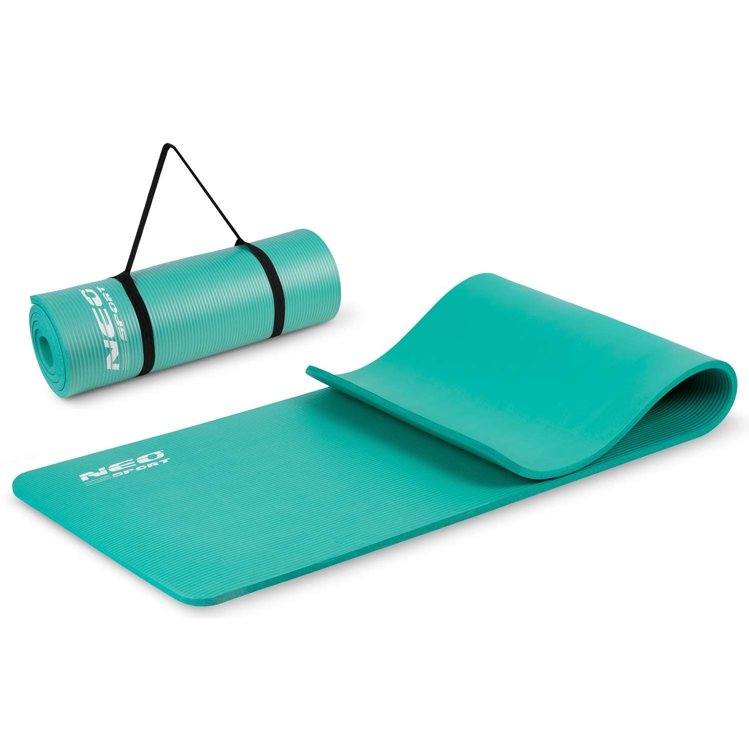 Dos esterillas de yoga color teal. Una está enrollada con una correa negra, la otra está extendida.