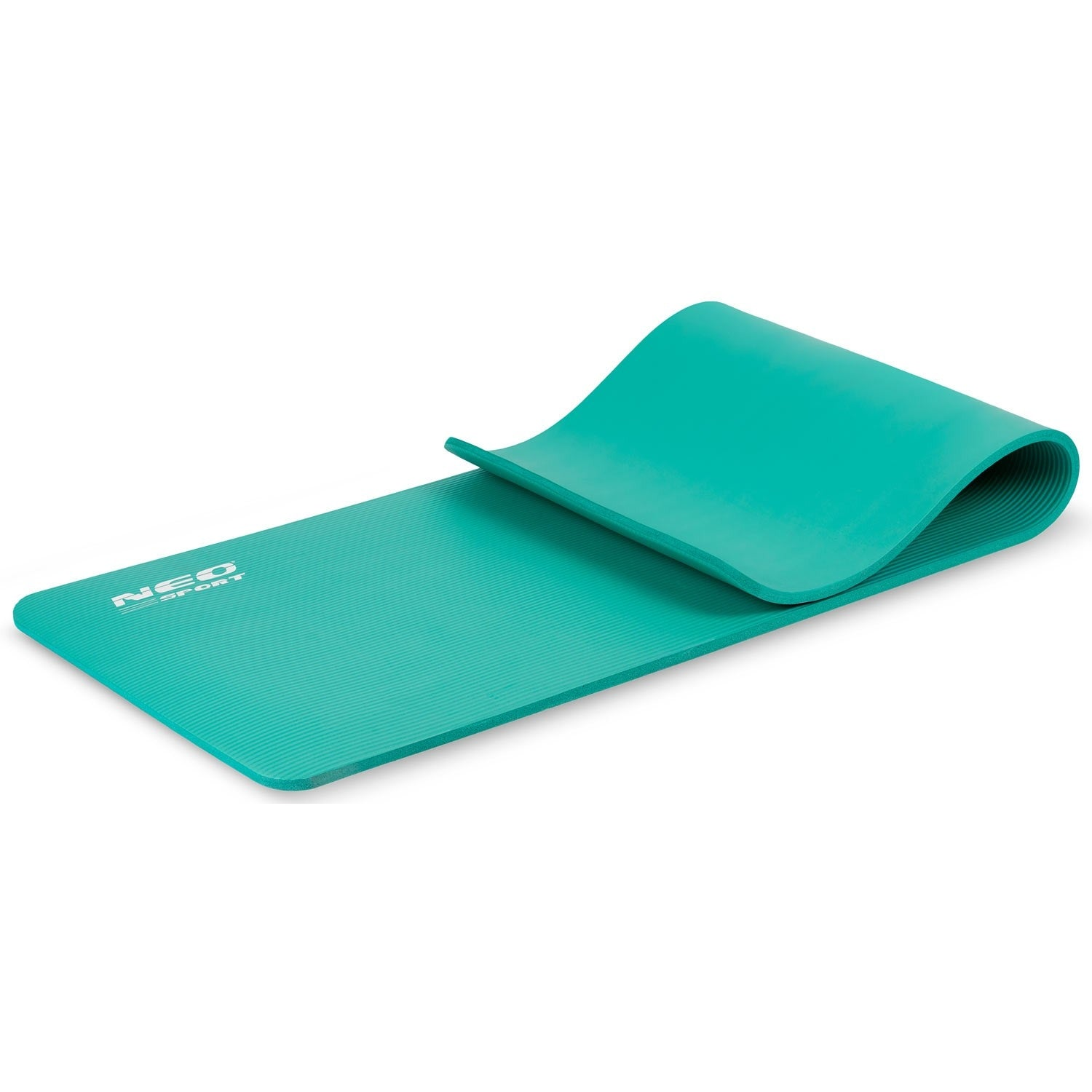 Una esterilla de yoga turquesa con textura acanalada sobre fondo blanco.