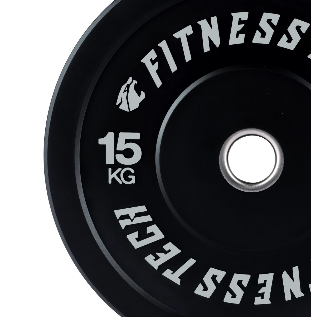 Disco de pesas negro de 15 kg con texto blanco 'FITNESS TECH' y logo.