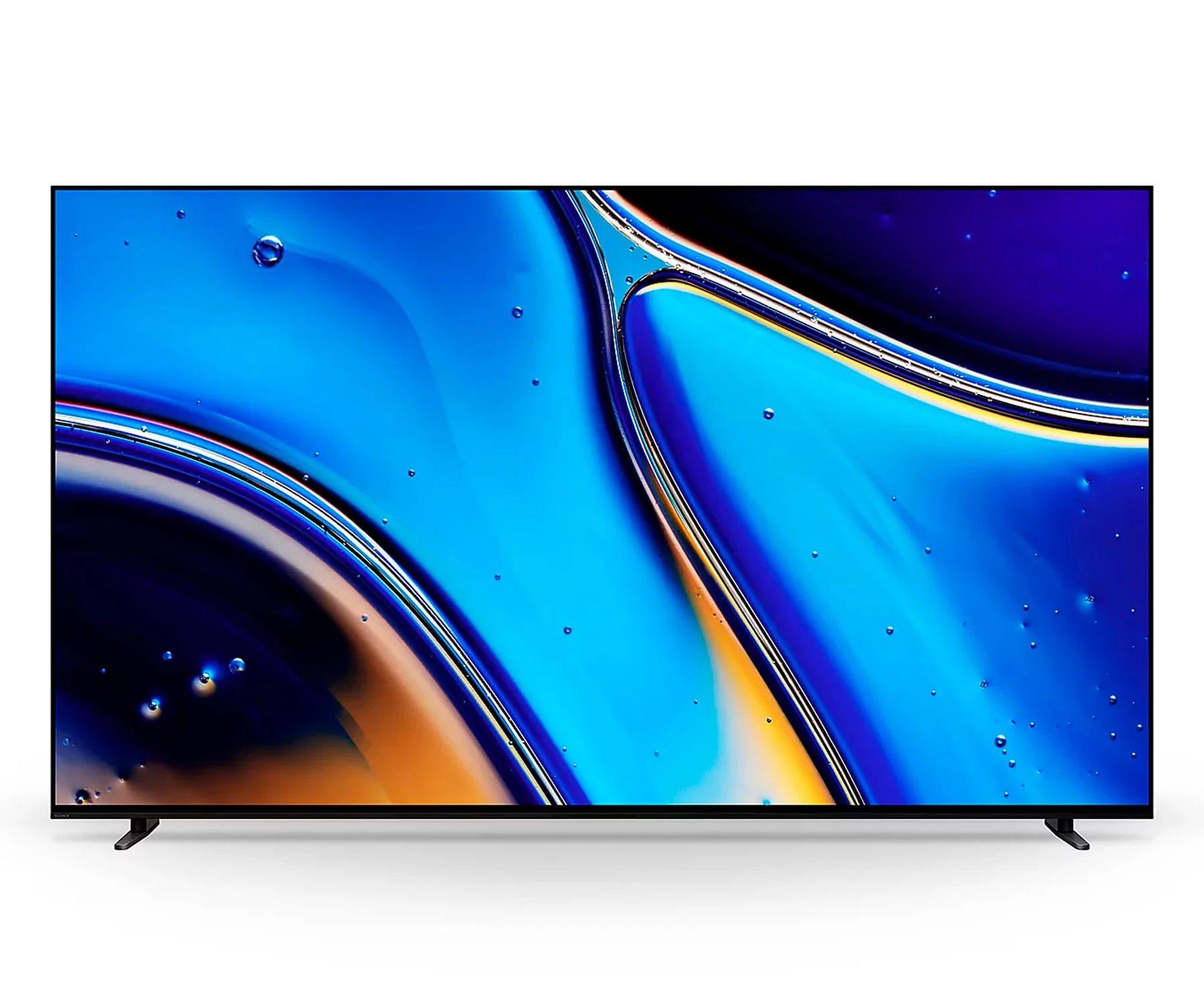 Ein moderner Flachbildfernseher zeigt einen lebendigen blauen und orangen abstrakten Hintergrund mit kleinen Blasen.