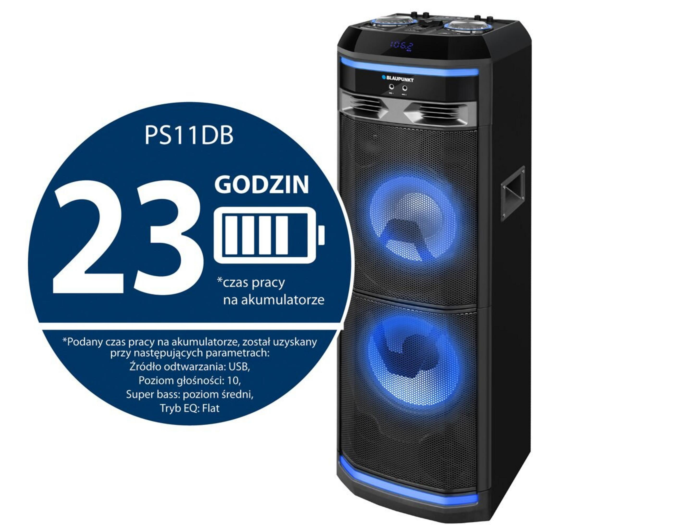 Schwarzer Blaupunkt PS11DB Lautsprecher mit blauen Lichtern, 23 Stunden Akkulaufzeit.