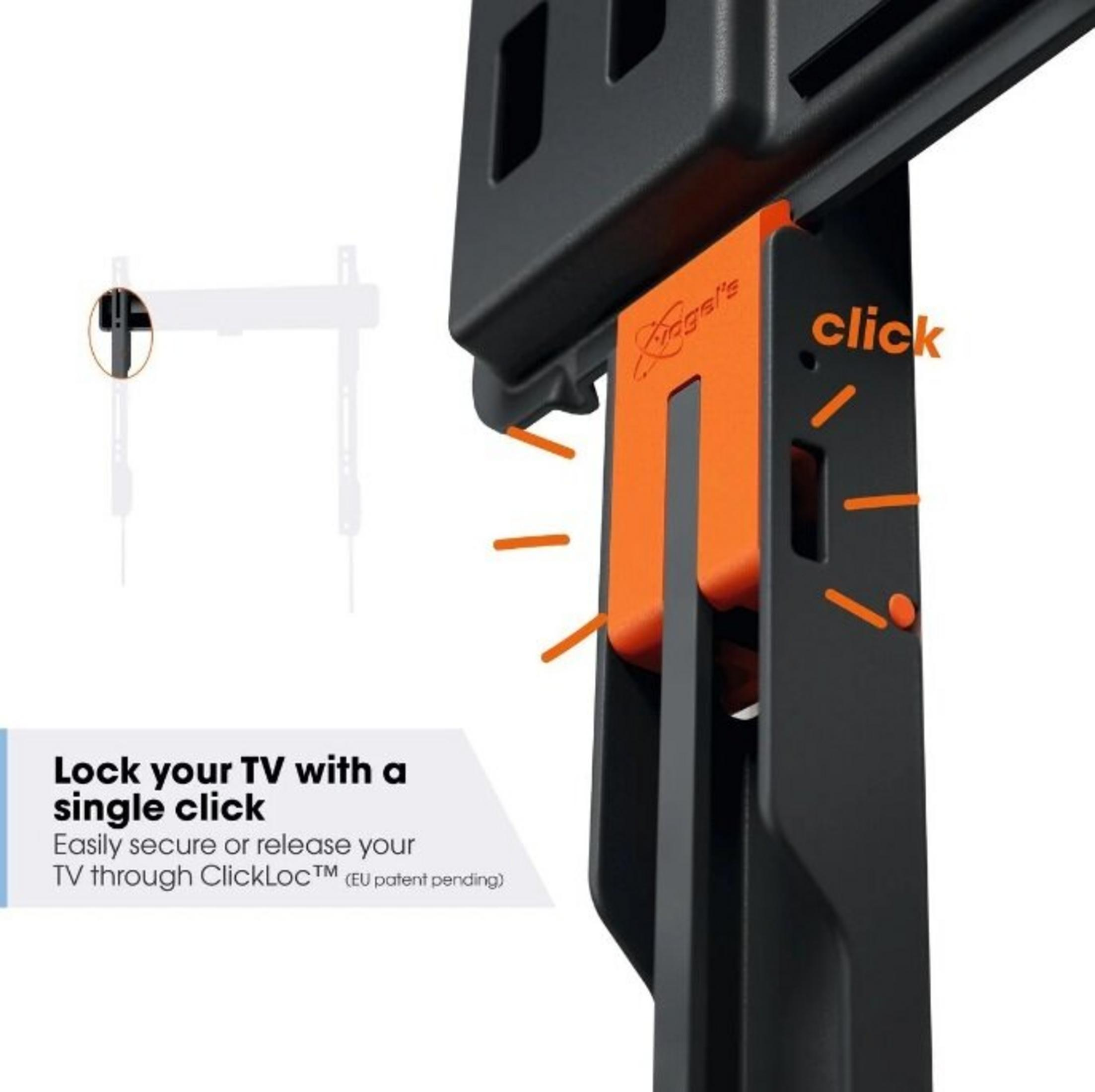 Nahaufnahme einer schwarzen TV-Halterung mit orangefarbenem ClickLoc-Mechanismus. Text: 'Lock your TV.'