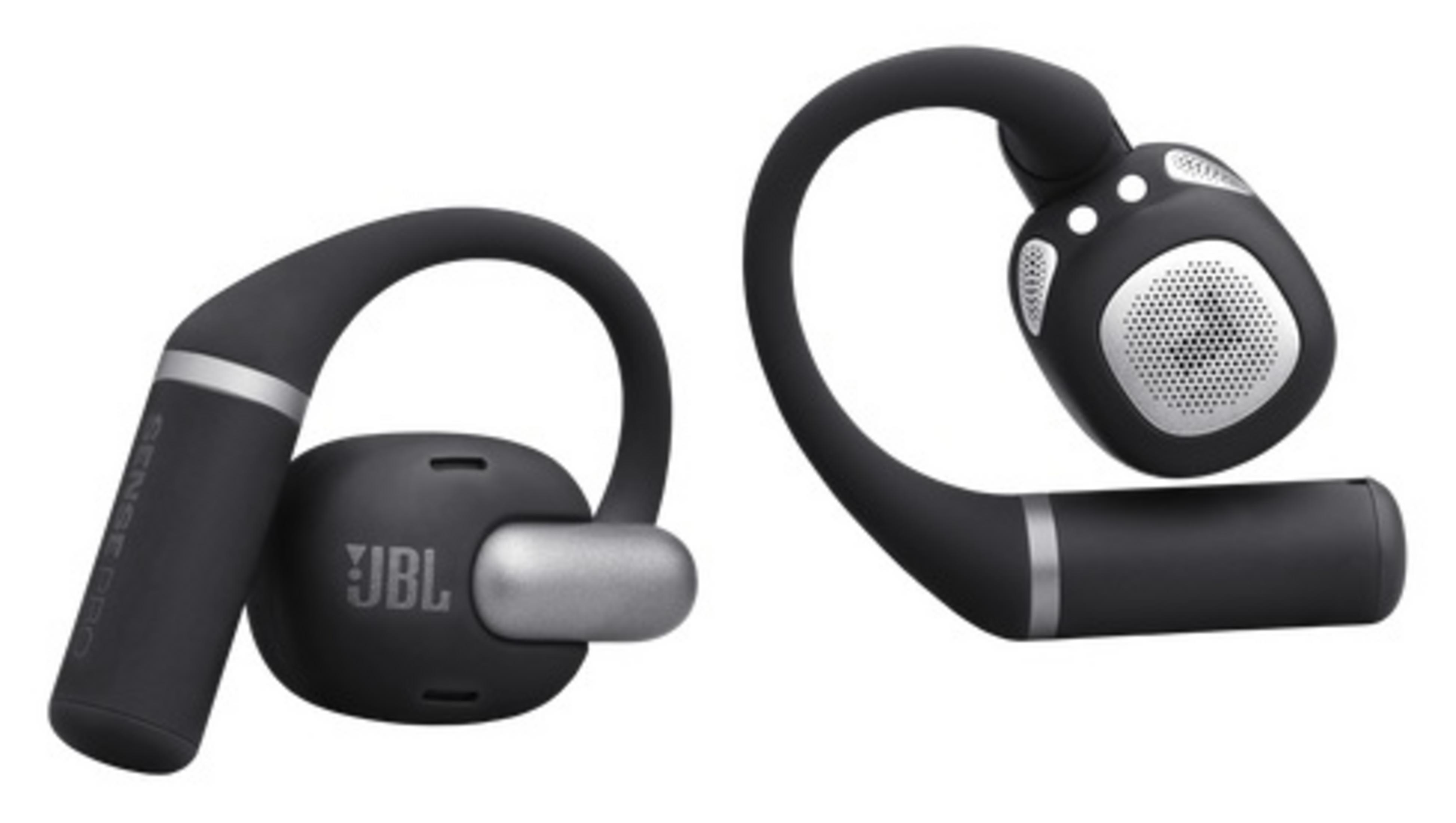 Due auricolari wireless JBL neri con accenti argentati sono mostrati su sfondo bianco.