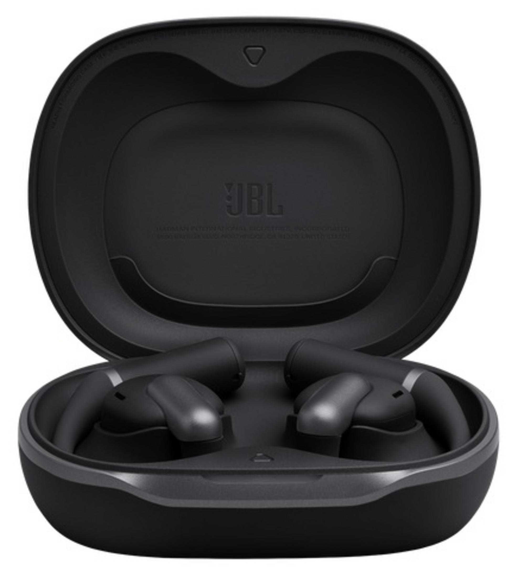 Custodia di ricarica nera per auricolari JBL con auricolari all'interno.