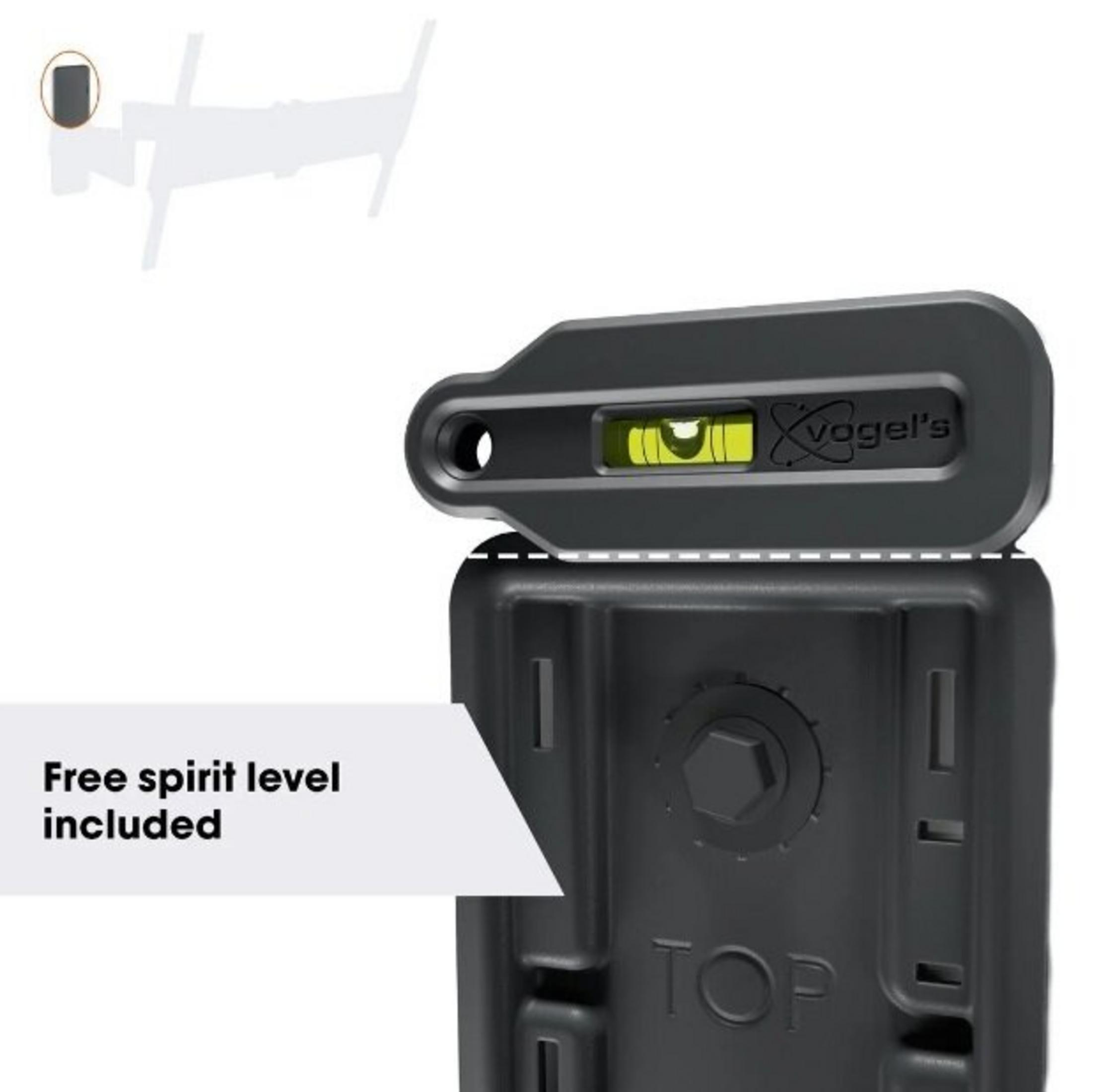 Czarna poziomica z żółtym pęcherzykiem jest przymocowana do czarnego uchwytu. Tekst: Poziomica w zestawie.