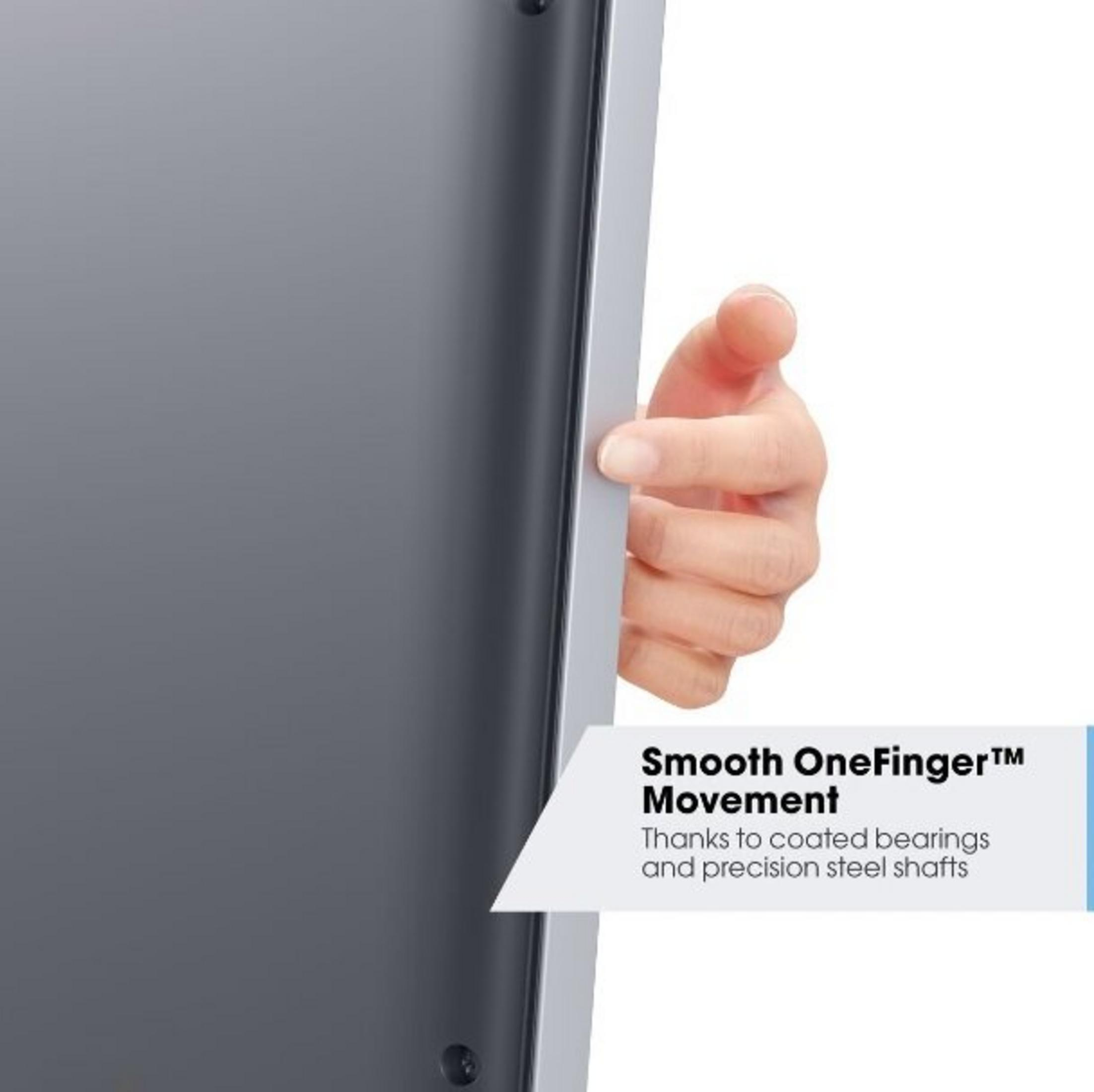 Dłoń trzyma krawędź szarego urządzenia. Tekst: Płynny ruch jednym palcem.