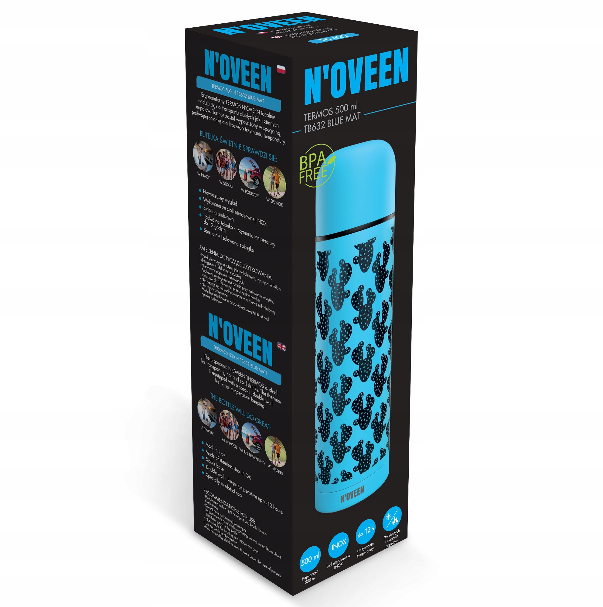 Ein blauer Thermosbehälter mit Kaktusmuster, 500 ml, von N'Oveen.