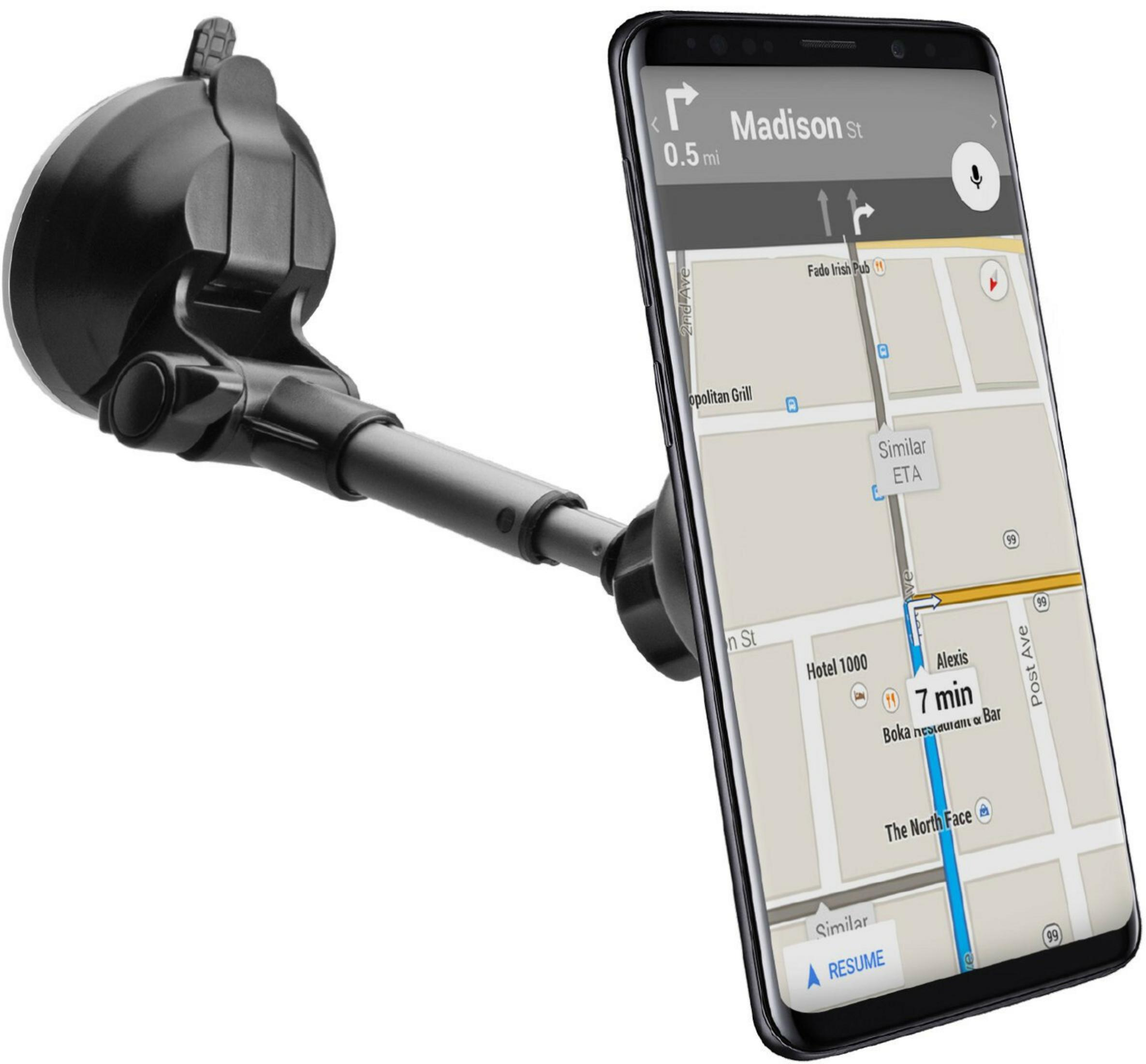 Smartphone con app di navigazione sullo schermo, attaccato a un supporto per auto.