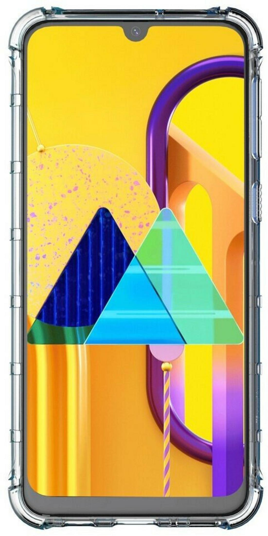 Eine durchsichtige Handyhülle auf einem Handy mit gelbem abstraktem Hintergrund.