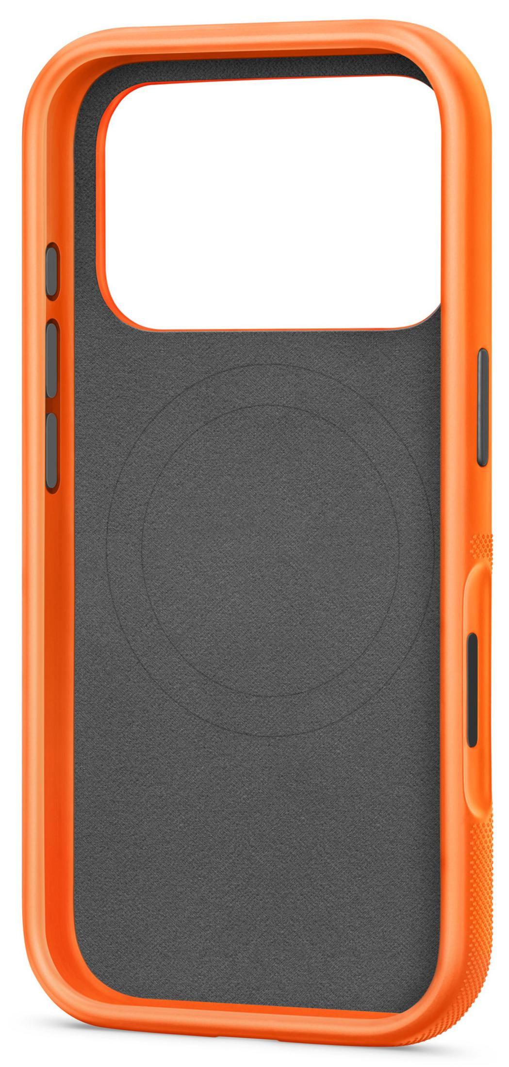 Pomarańczowe etui na telefon z szarą wyściółką wewnętrzną i okrągłymi oznaczeniami.