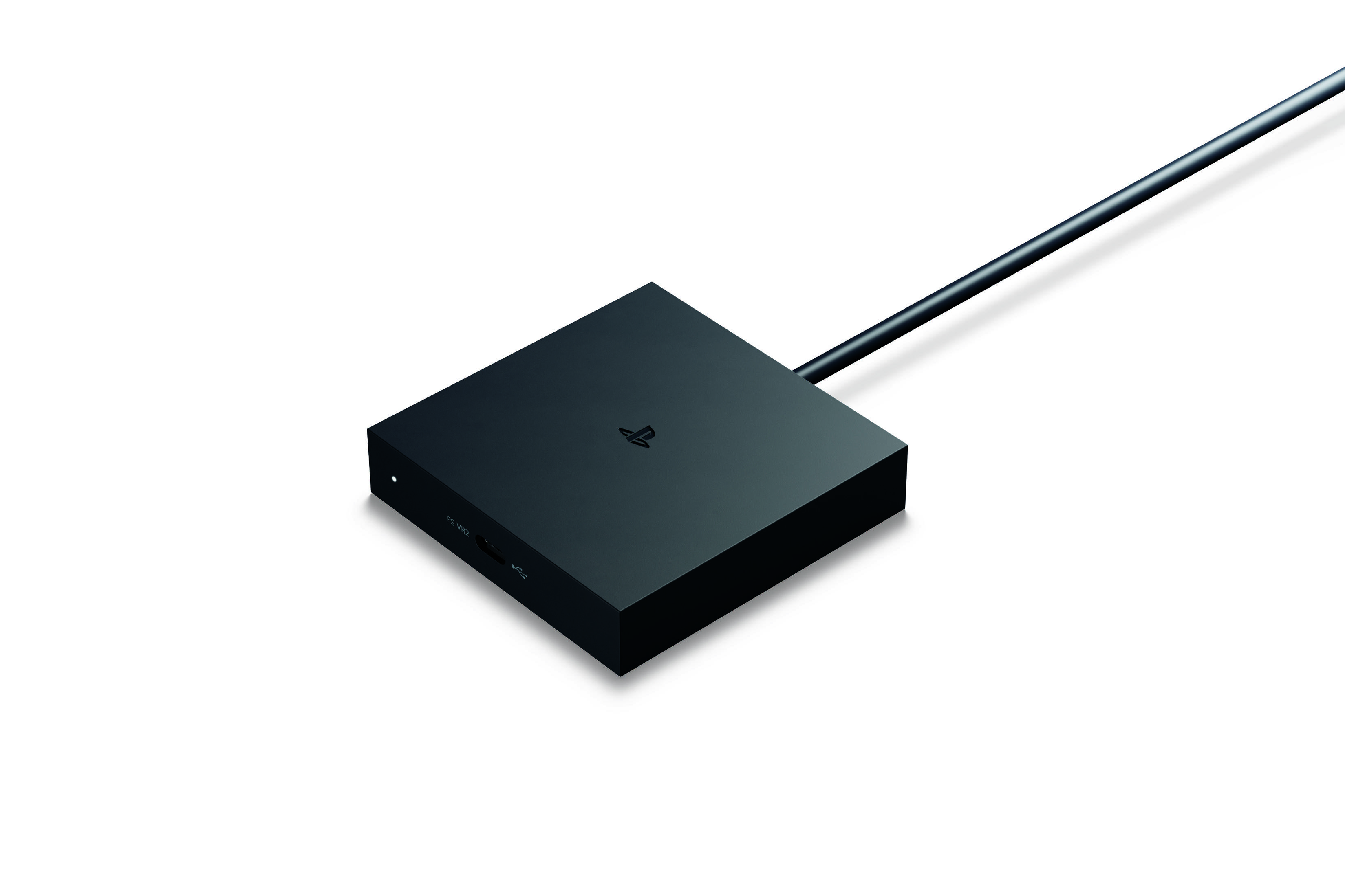 Czarna skrzynka połączeniowa PlayStation VR2 z logo PS i kablem.