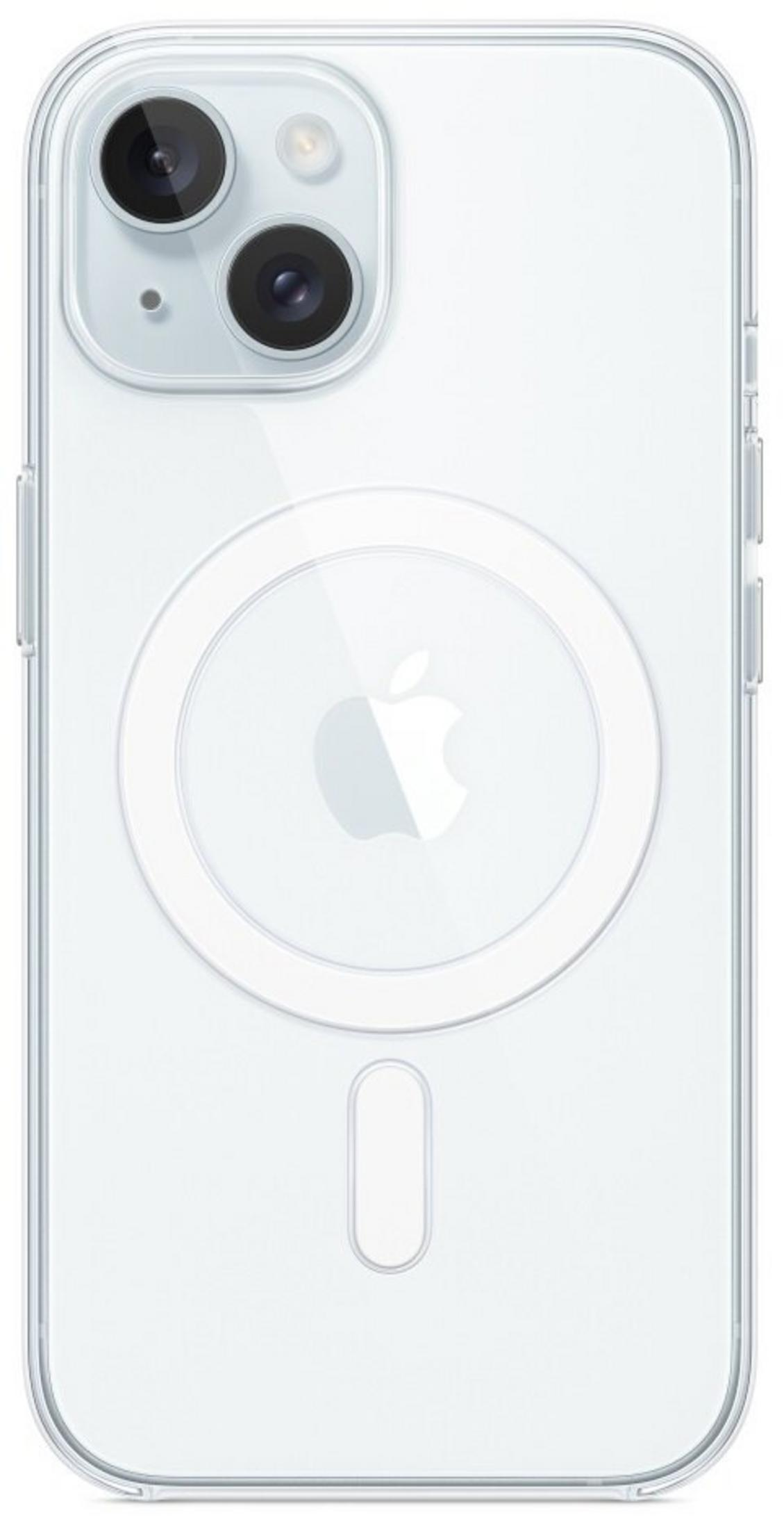 Clear iPhone case with dual camera, Apple logo, and MagSafe ring.