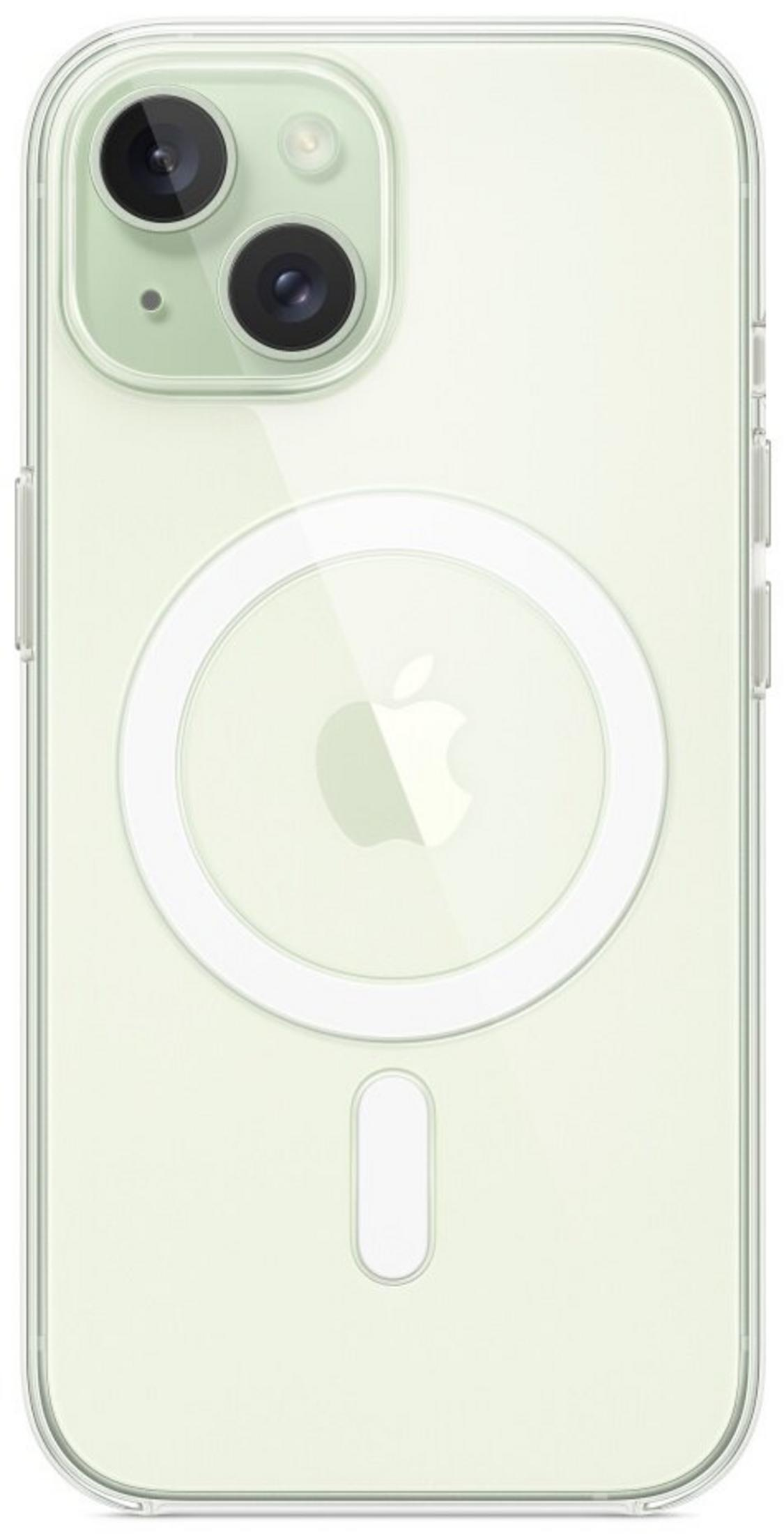 A clear iPhone case with a pale green back, showing dual cameras and MagSafe ring.