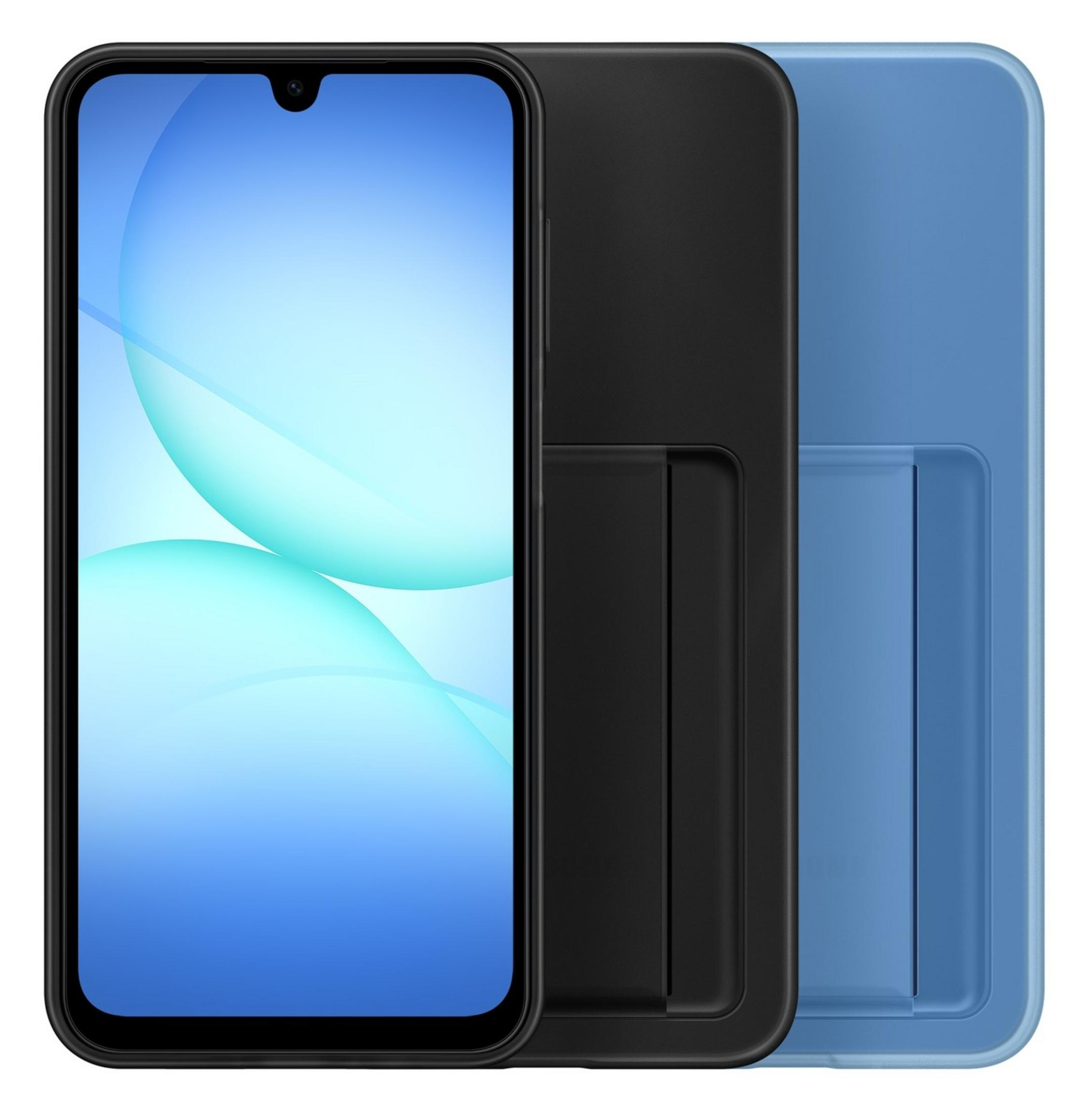 Uno smartphone con sfondo blu, accanto a custodie nere e blu.