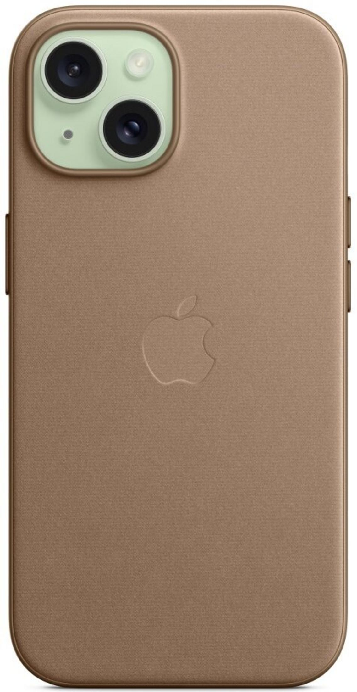 Brązowe etui na iPhone z wytłoczonym logo Apple i wycięciem na podwójny aparat.