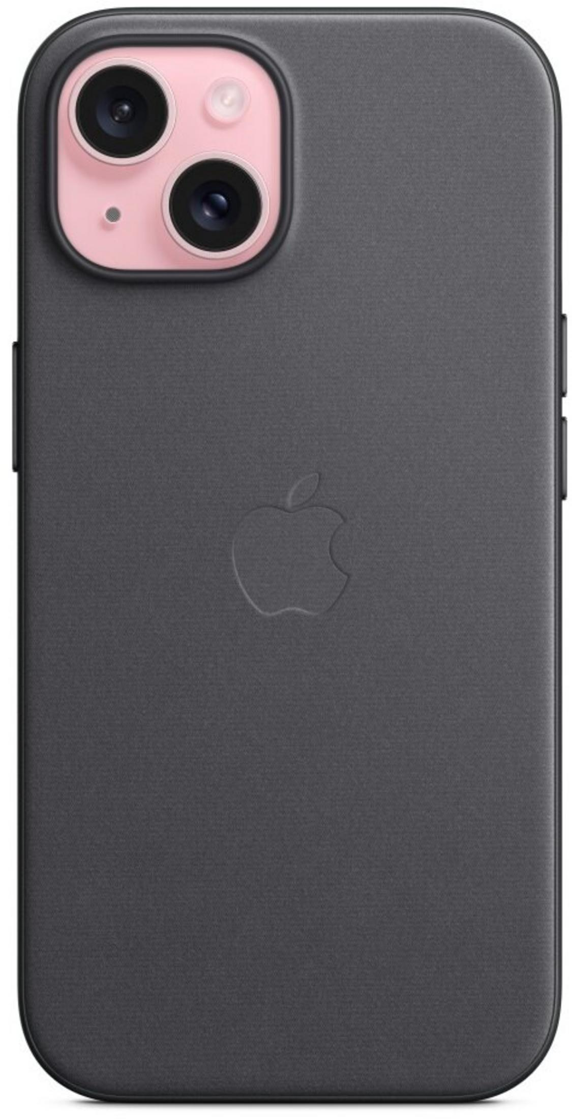 Donkergrijs iPhone hoesje met reliëf Apple logo en roze camera-uitsparing.