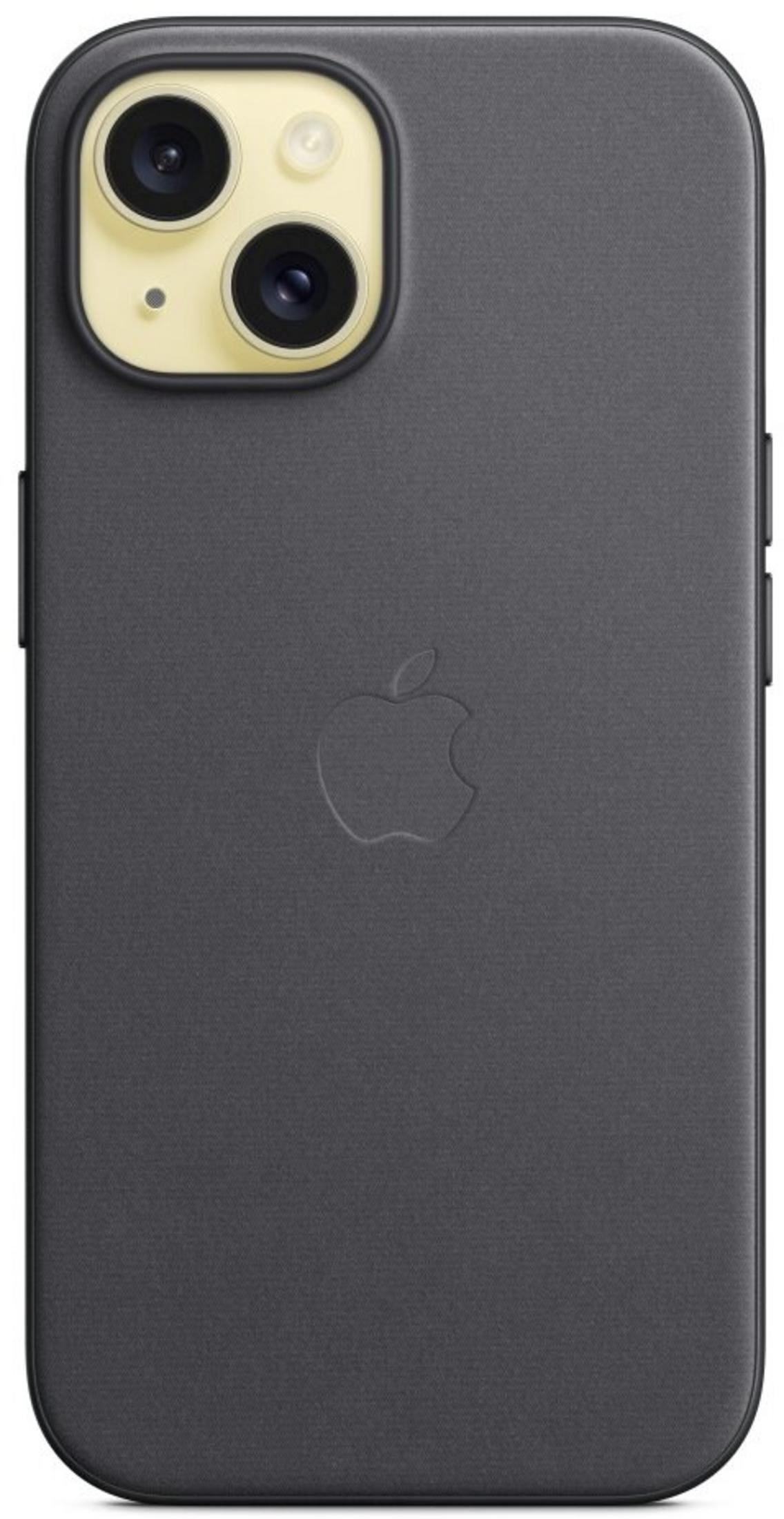 Donkergrijs iPhone 14 Pro hoesje met dubbele camera-uitsparing en reliëf Apple-logo.