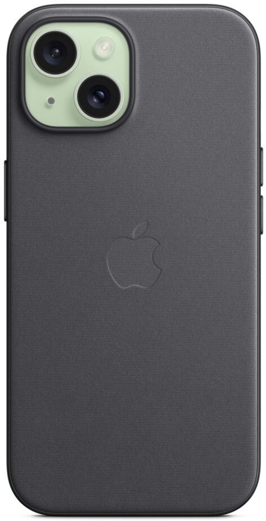 Donkergrijs iPhone hoesje met Apple logo. Heeft een uitsparing voor dubbele camera.
