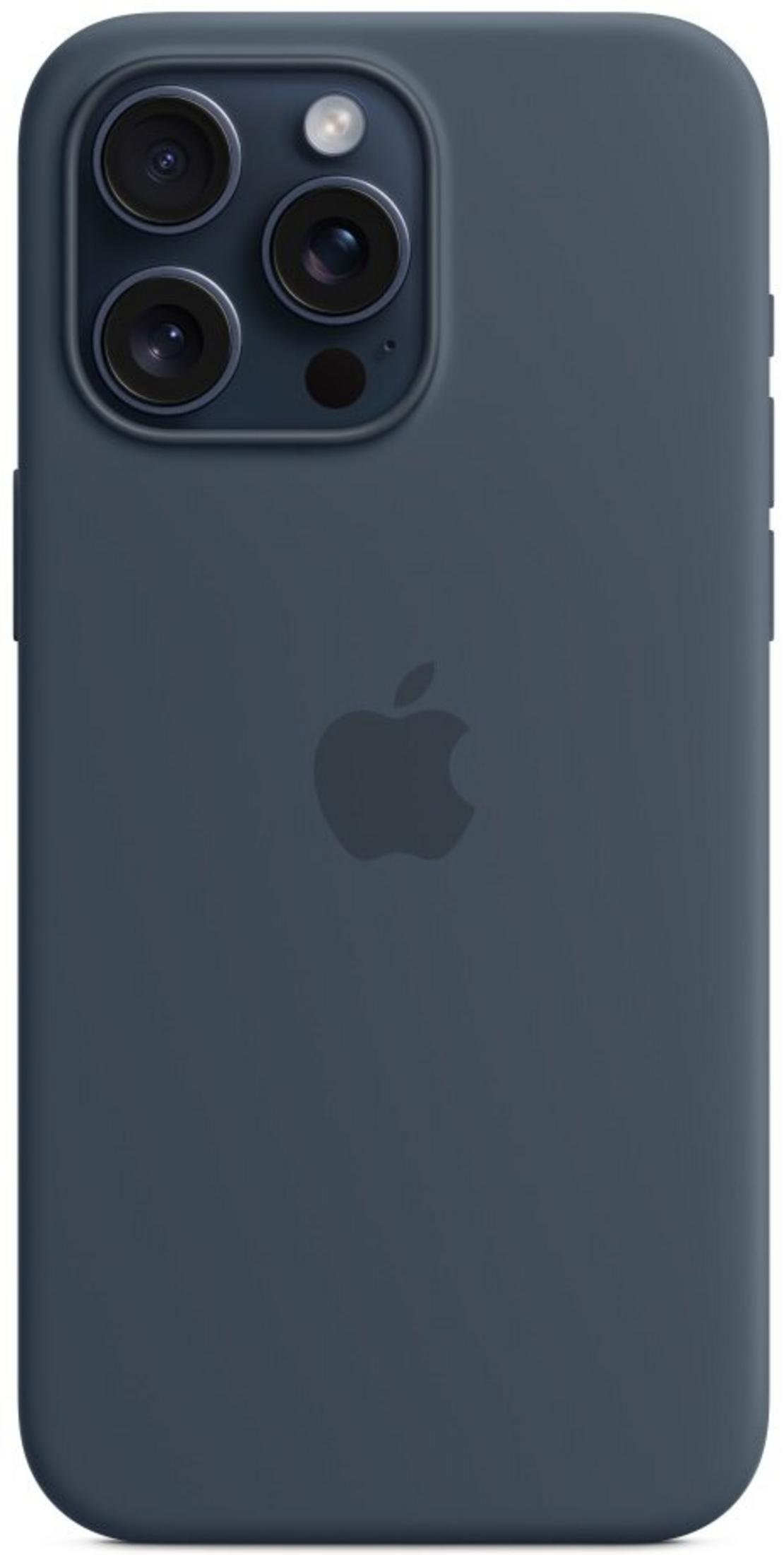 Dunkelblaue iPhone-Hülle mit dreifacher Kameralinse und Apple-Logo.