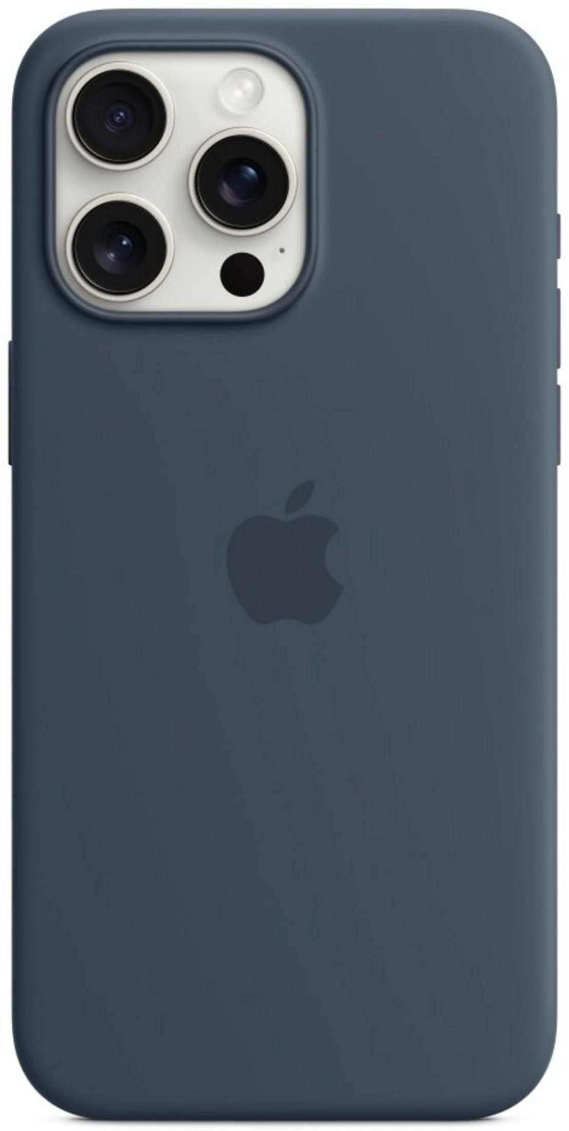 Eine dunkelblaue iPhone-Hülle mit Apple-Logo und Dreifach-Kamera.