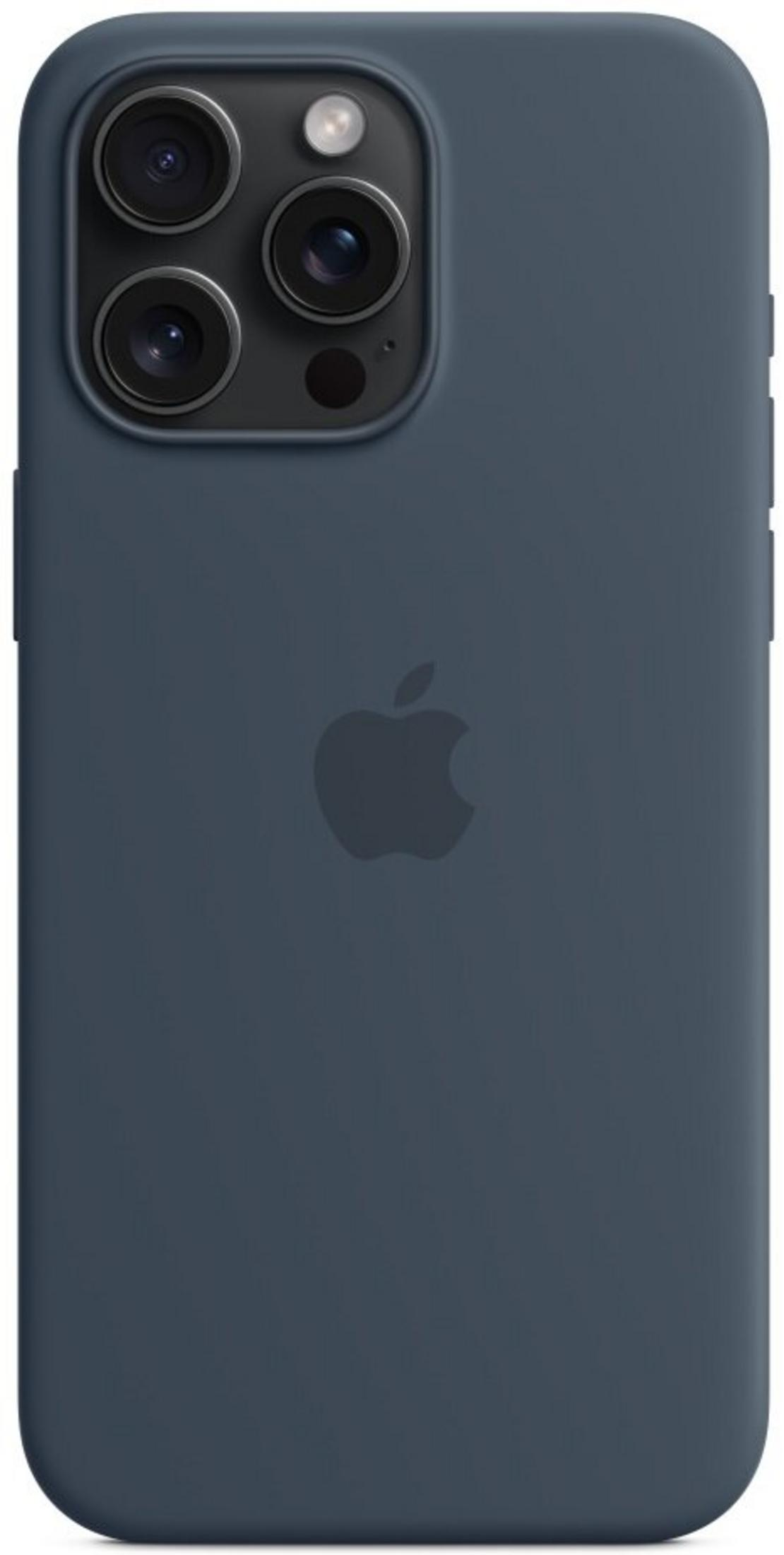 Dunkelblaue iPhone-Hülle mit Apple-Logo und Kamera-Array.