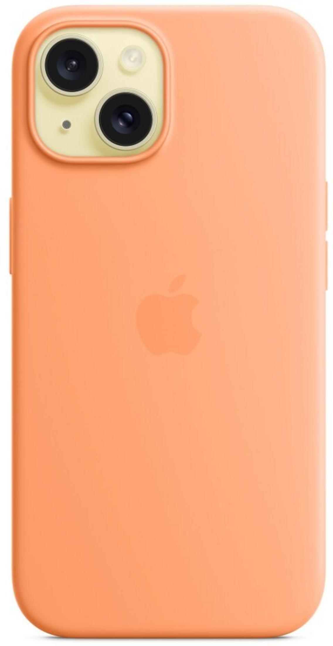 Pomarańczowe etui na iPhone z wycięciem na podwójny aparat i wytłoczonym logo Apple.