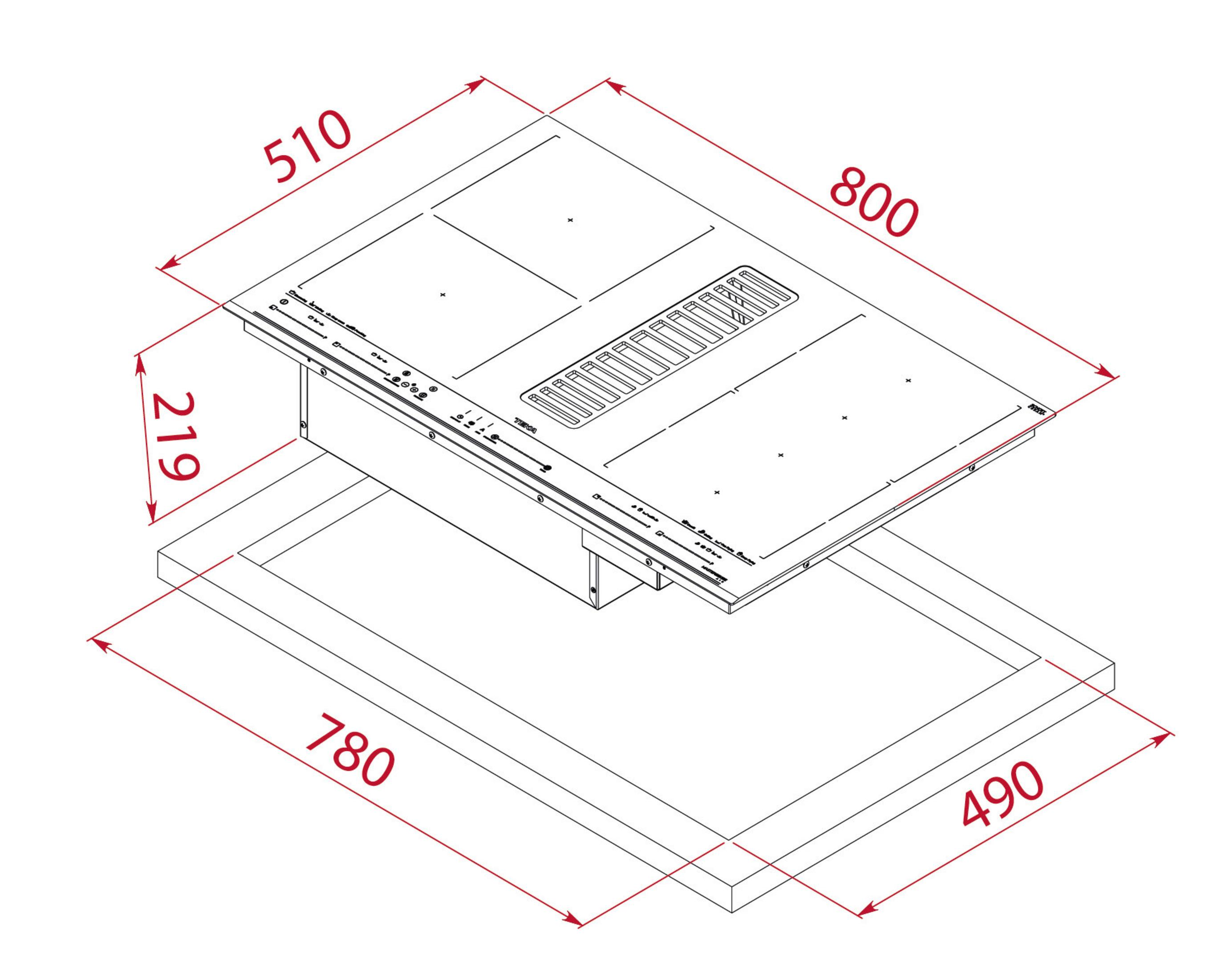 Rysunek techniczny płyty grzewczej 800x510 mm, głębokość montażu 219 mm.