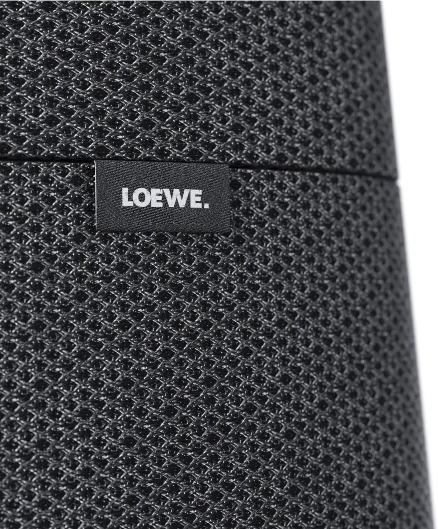 Ein schwarzer Lautsprecher mit dem LOEWE-Logo auf einem Etikett.
