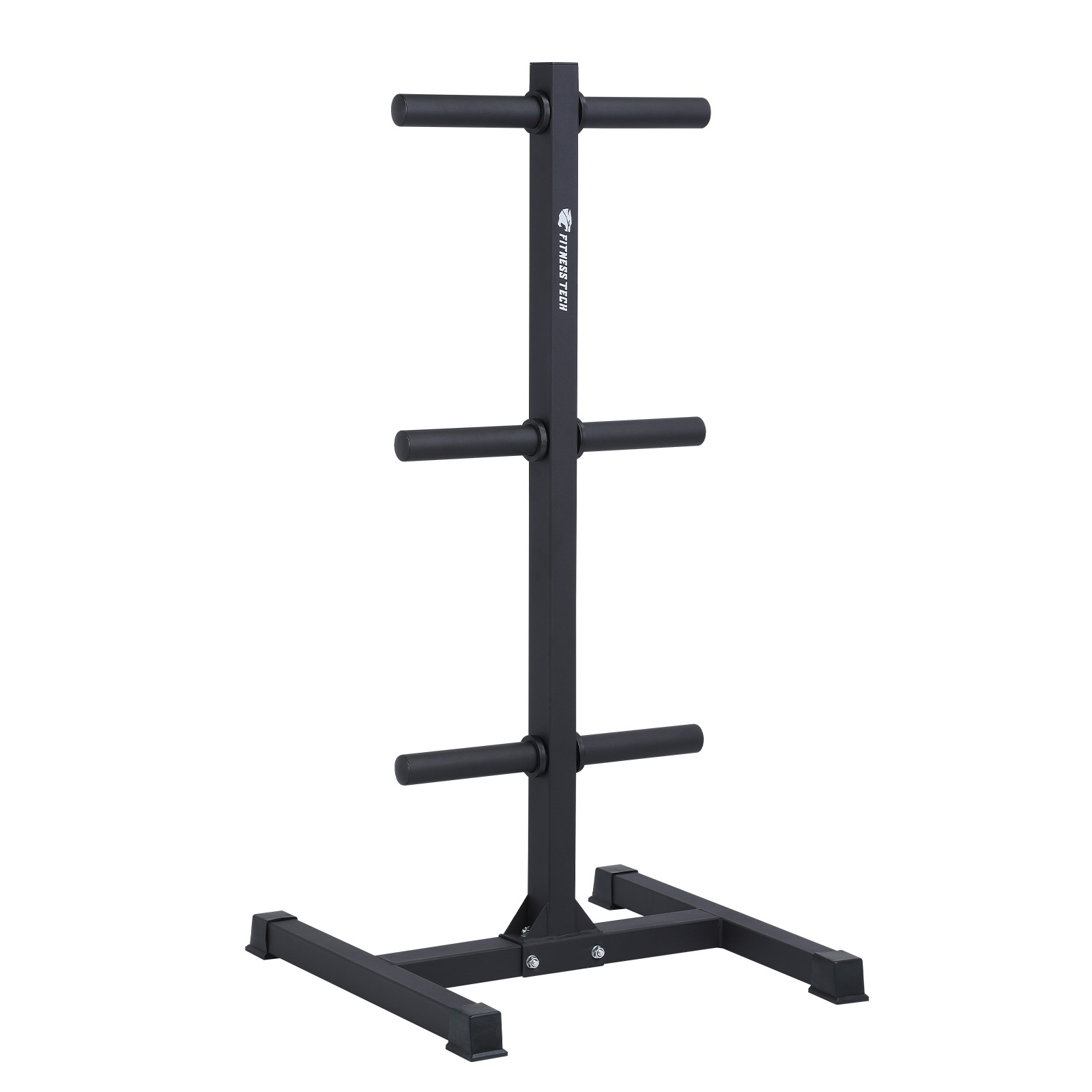 Un soporte negro para discos de pesas con tres niveles y postes.